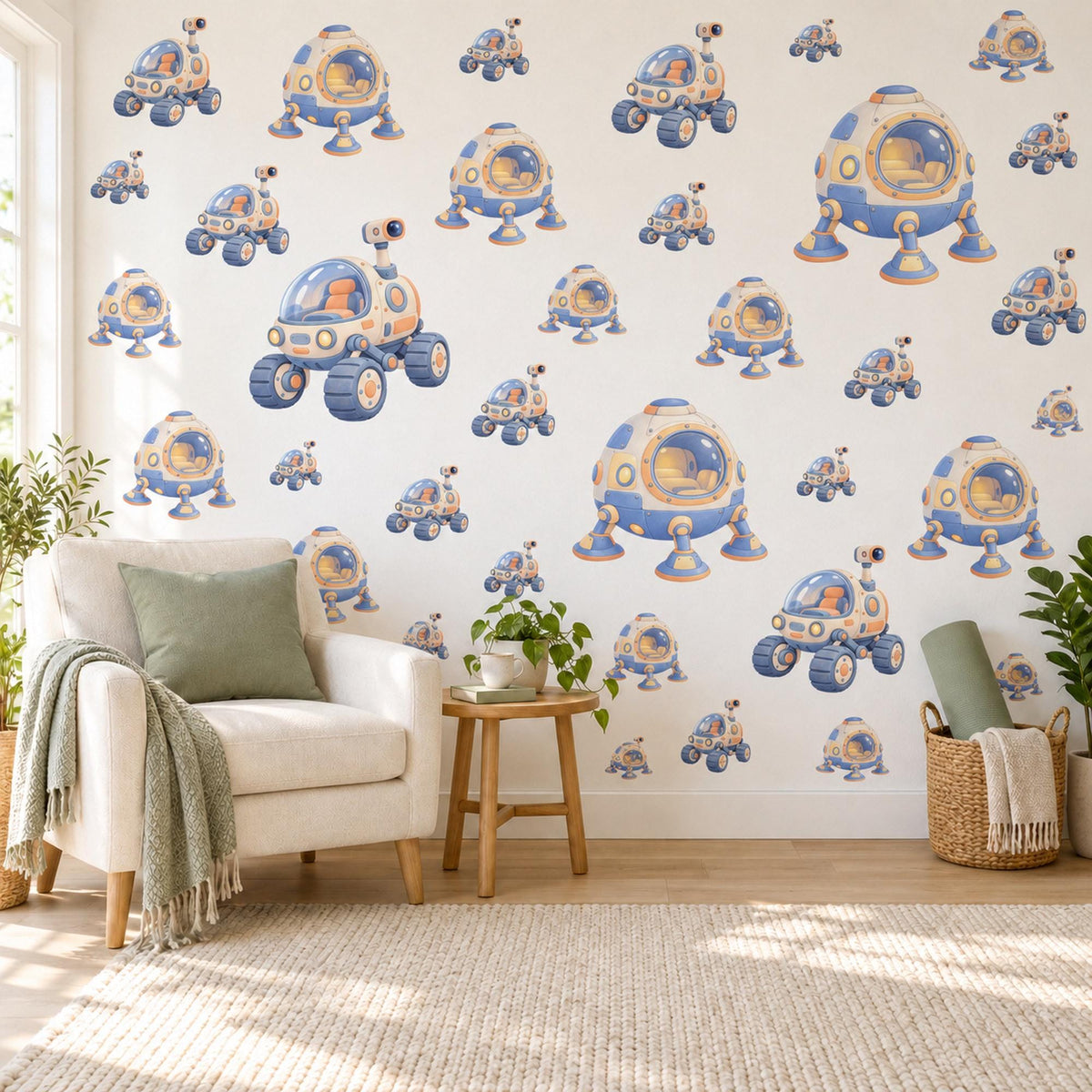 Space Rover Wall Stickers, Moon Lander Nursery Decor, Lunar Space Vehicle Wall Decals, Periwinkle Peach Kids Room Peel and Stick Wall Art