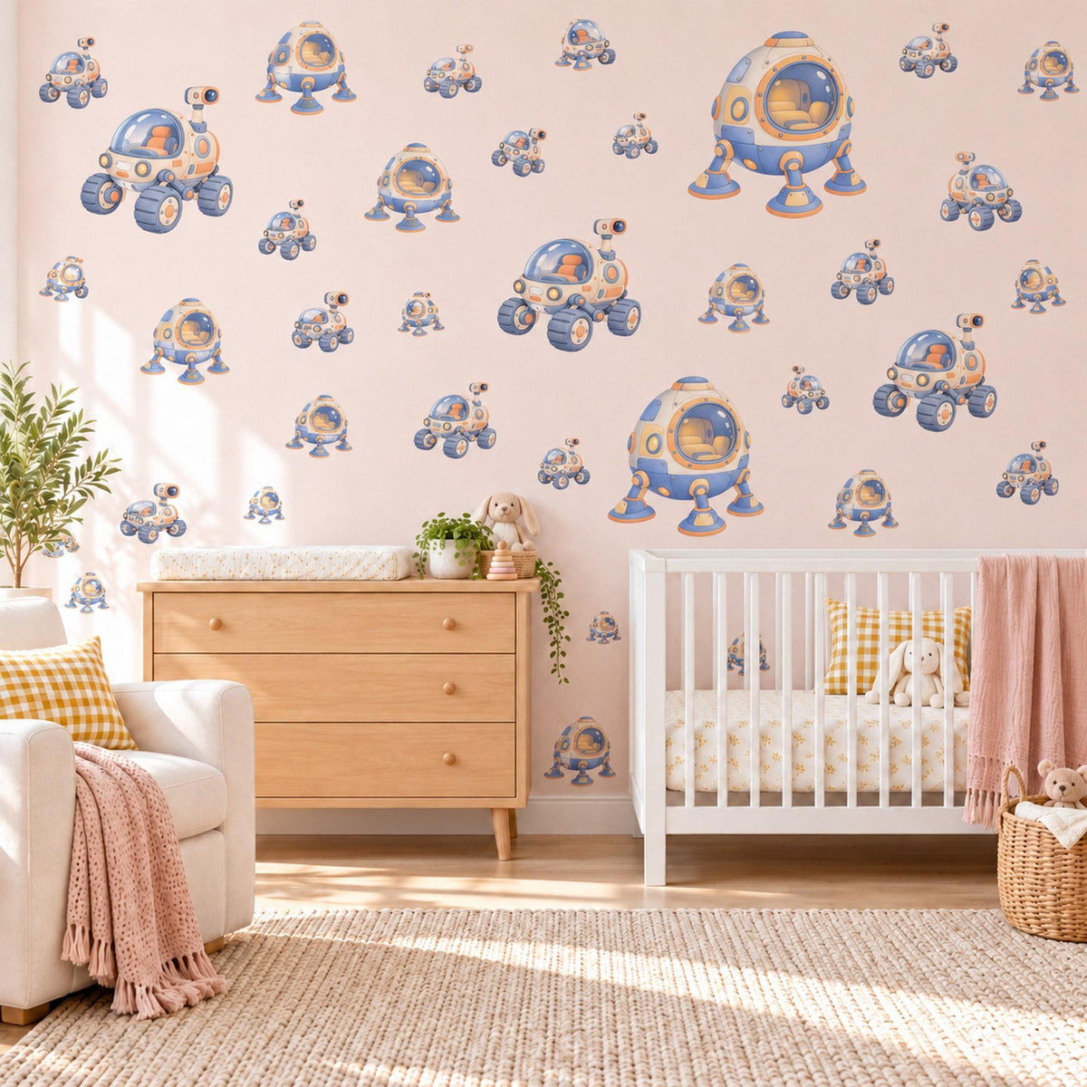 Space Rover Wall Stickers, Moon Lander Nursery Decor, Lunar Space Vehicle Wall Decals, Periwinkle Peach Kids Room Peel and Stick Wall Art