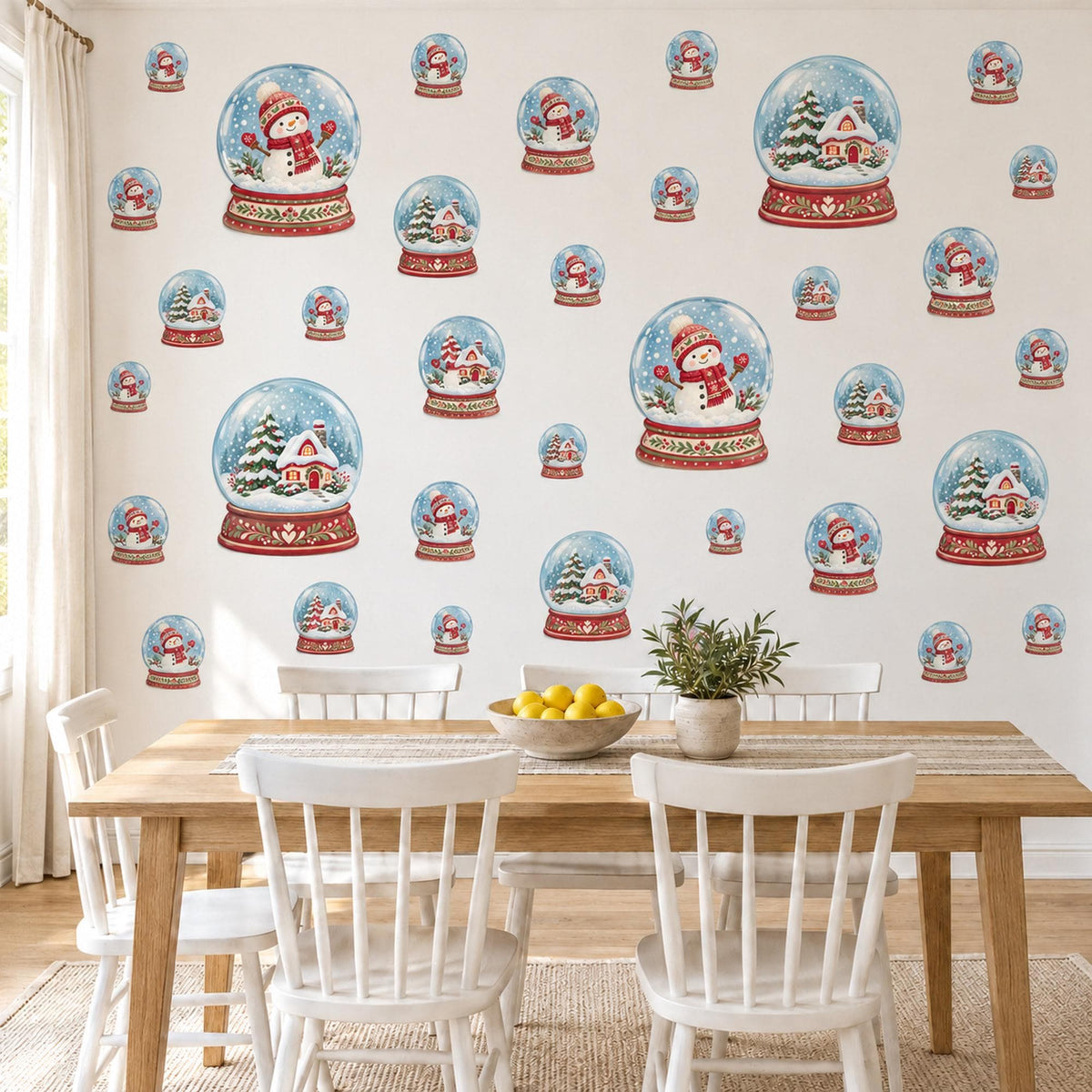 Christmas Wall Stickers, Snow Globe Nursery Decor, Snowman and Cottage Snow Globe Wall Decals, Red Blue Festive Kids Peel and Stick Wall Art