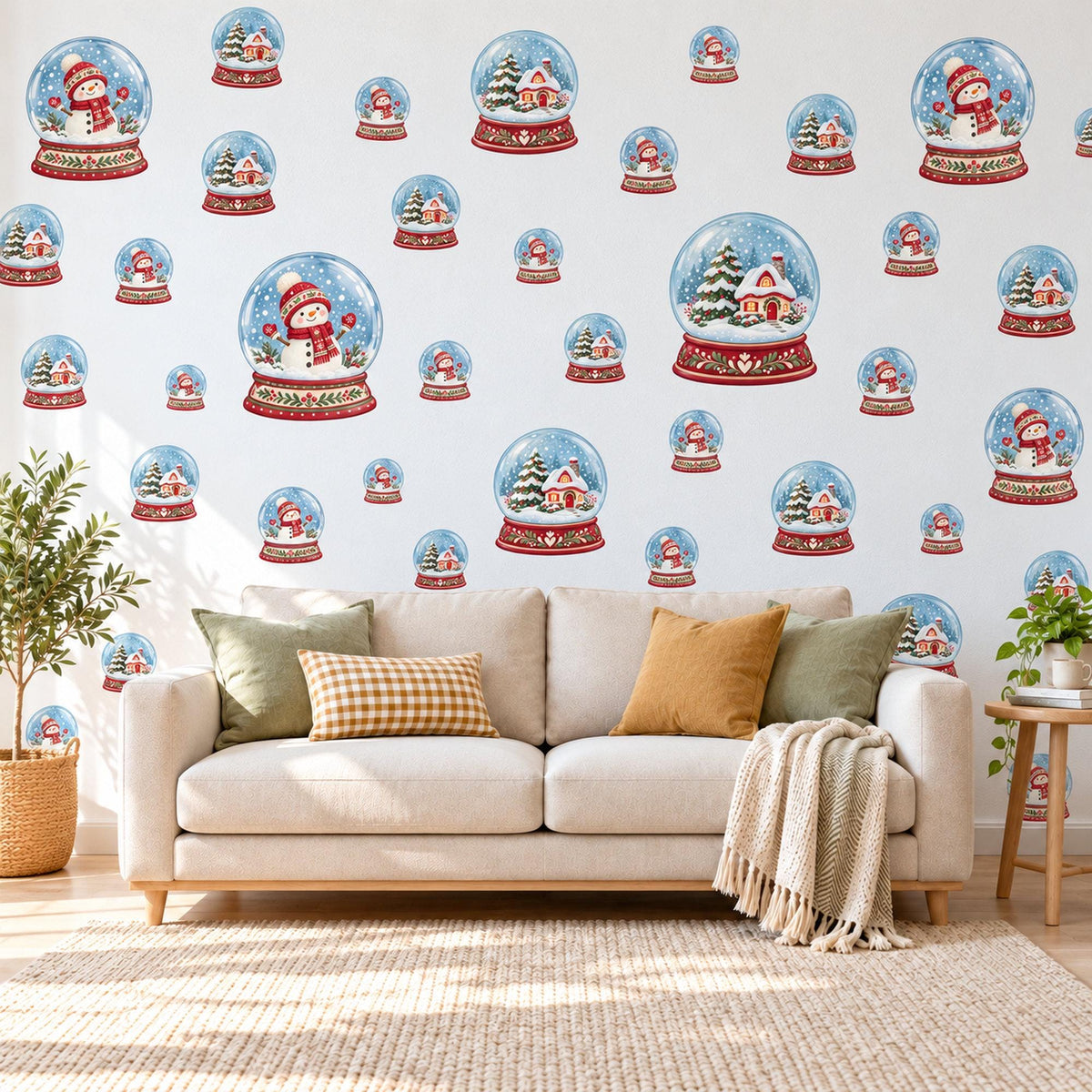 Christmas Wall Stickers, Snow Globe Nursery Decor, Snowman and Cottage Snow Globe Wall Decals, Red Blue Festive Kids Peel and Stick Wall Art