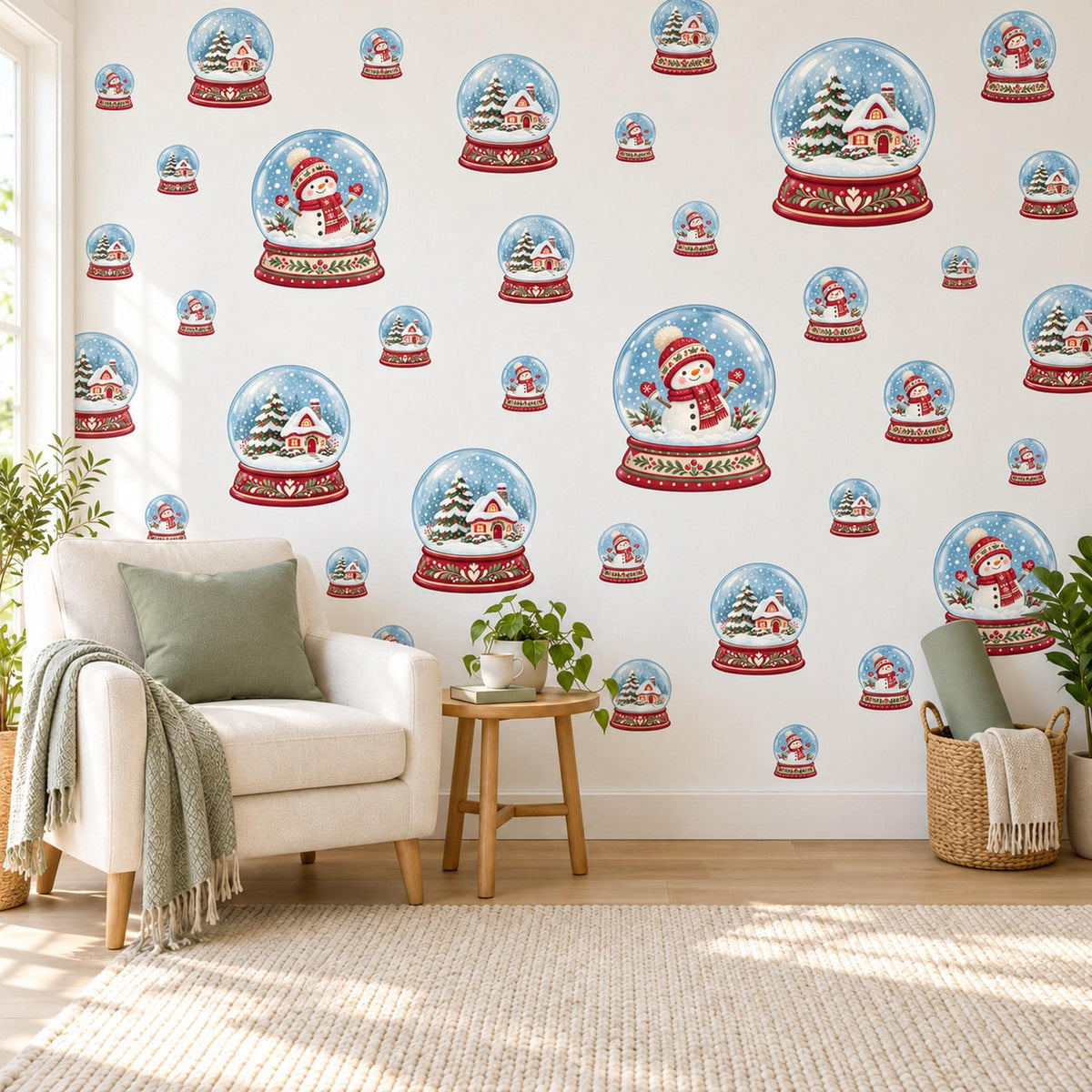 Christmas Wall Stickers, Snow Globe Nursery Decor, Snowman and Cottage Snow Globe Wall Decals, Red Blue Festive Kids Peel and Stick Wall Art