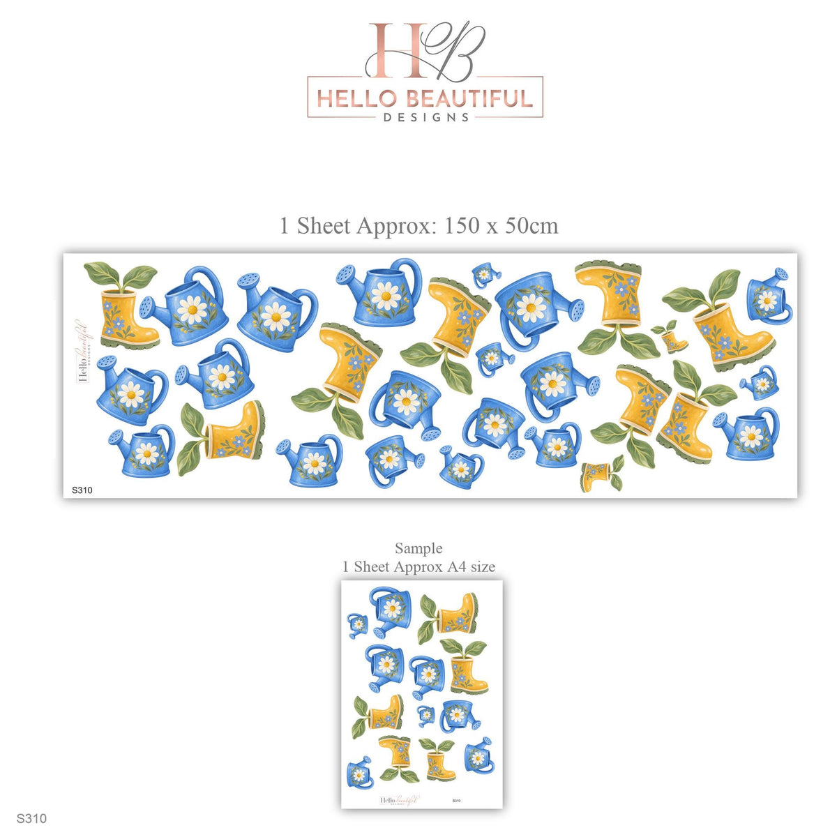Garden Wall Stickers, Watering Can and Wellies Nursery Decor, Daisy Watering Can Wall Decals, Blue Yellow Kids Room Peel and Stick Wall Art