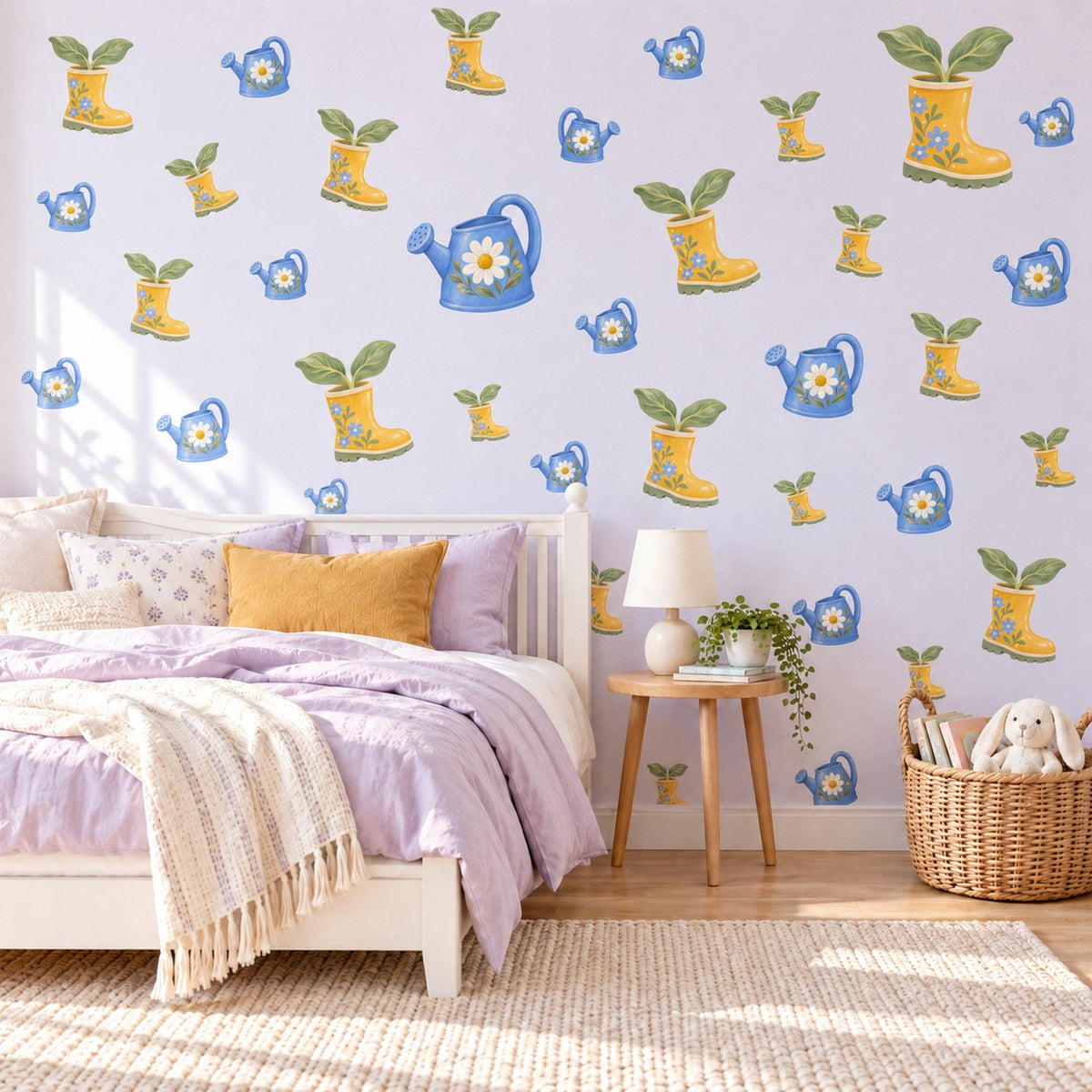 Garden Wall Stickers, Watering Can and Wellies Nursery Decor, Daisy Watering Can Wall Decals, Blue Yellow Kids Room Peel and Stick Wall Art