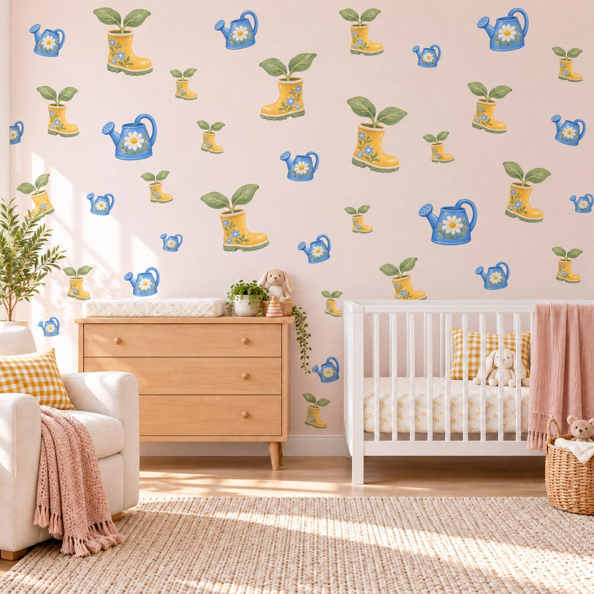 Garden Wall Stickers, Watering Can and Wellies Nursery Decor, Daisy Watering Can Wall Decals, Blue Yellow Kids Room Peel and Stick Wall Art