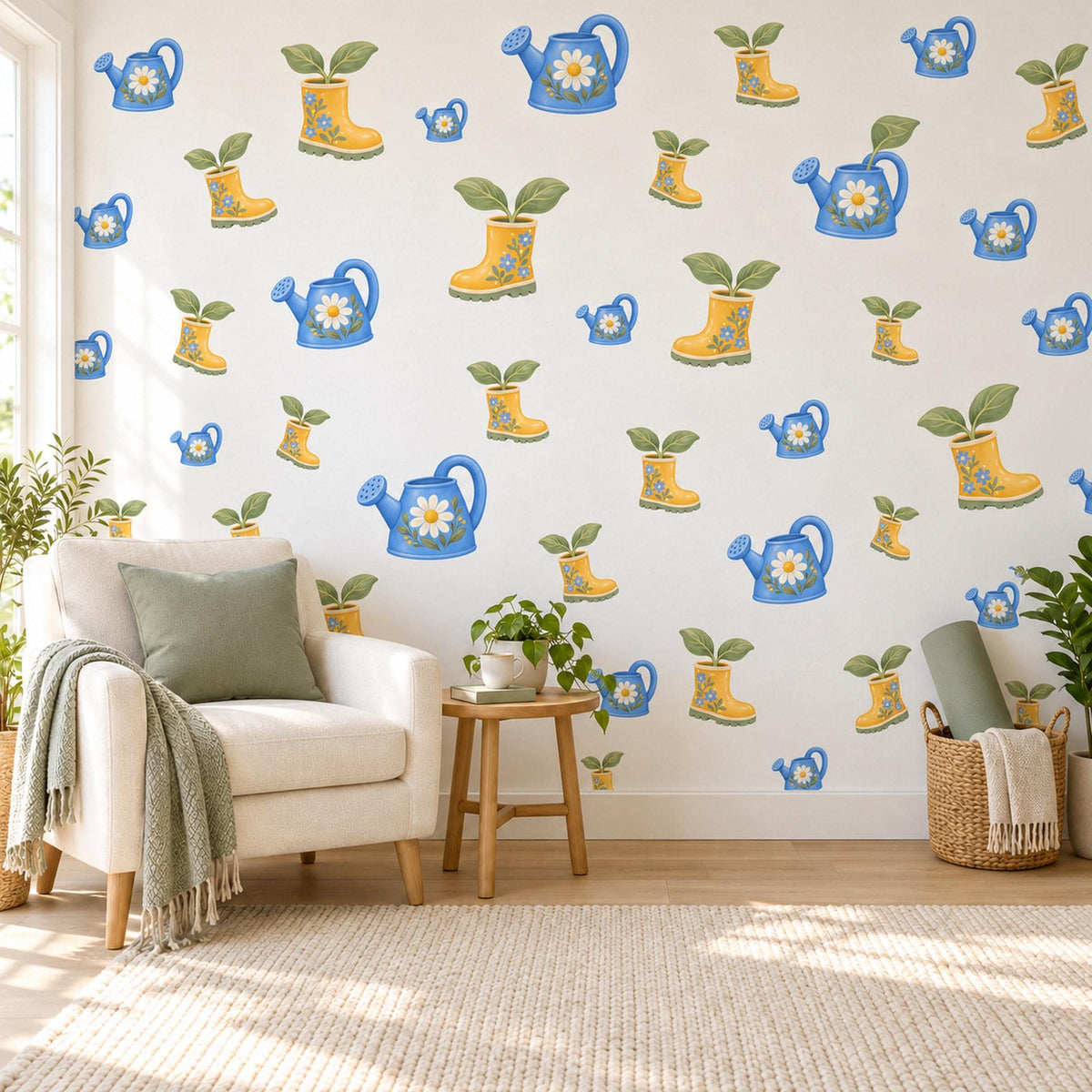 Garden Wall Stickers, Watering Can and Wellies Nursery Decor, Daisy Watering Can Wall Decals, Blue Yellow Kids Room Peel and Stick Wall Art