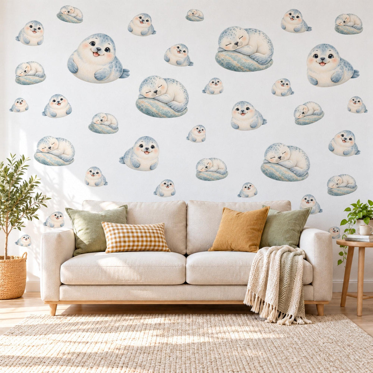 Seal Wall Stickers, Baby Seal Pup Nursery Decor, Cute Arctic Seal Wall Decals, Grey Blue Neutral Kids Room Peel and Stick Wall Art