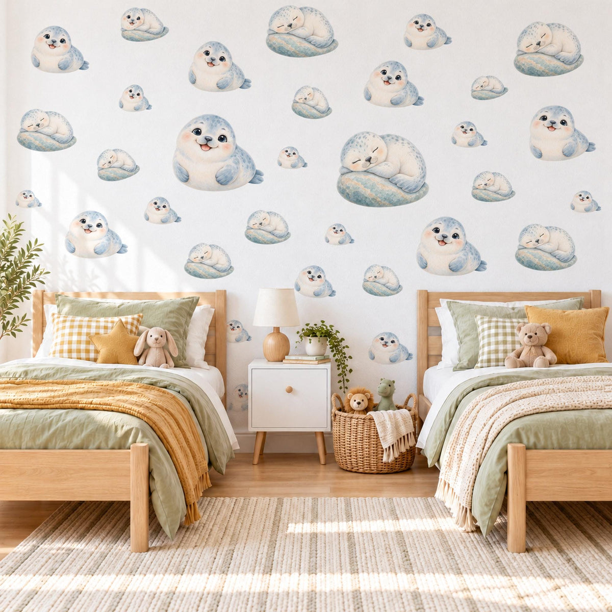 Seal Wall Stickers, Baby Seal Pup Nursery Decor, Cute Arctic Seal Wall Decals, Grey Blue Neutral Kids Room Peel and Stick Wall Art