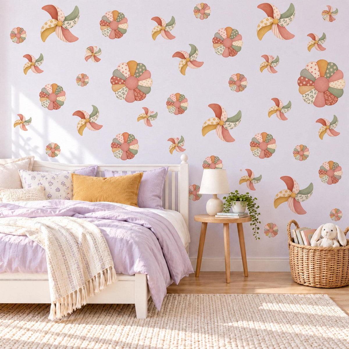 Pinwheel Wall Stickers, Boho Patchwork Nursery Decor, Quilt Flower and Pinwheel Wall Decals, Terracotta Sage Mustard Peel and Stick Art