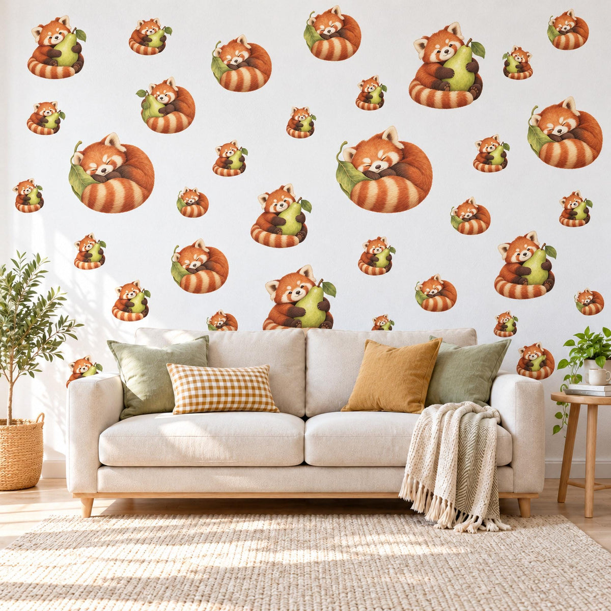 Red Panda Wall Stickers, Cute Red Panda Nursery Decor, Sleepy Red Pandas with Pears Wall Decals, Rust Green Kids Room Peel and Stick Art