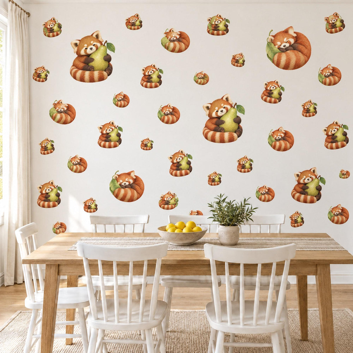 Red Panda Wall Stickers, Cute Red Panda Nursery Decor, Sleepy Red Pandas with Pears Wall Decals, Rust Green Kids Room Peel and Stick Art