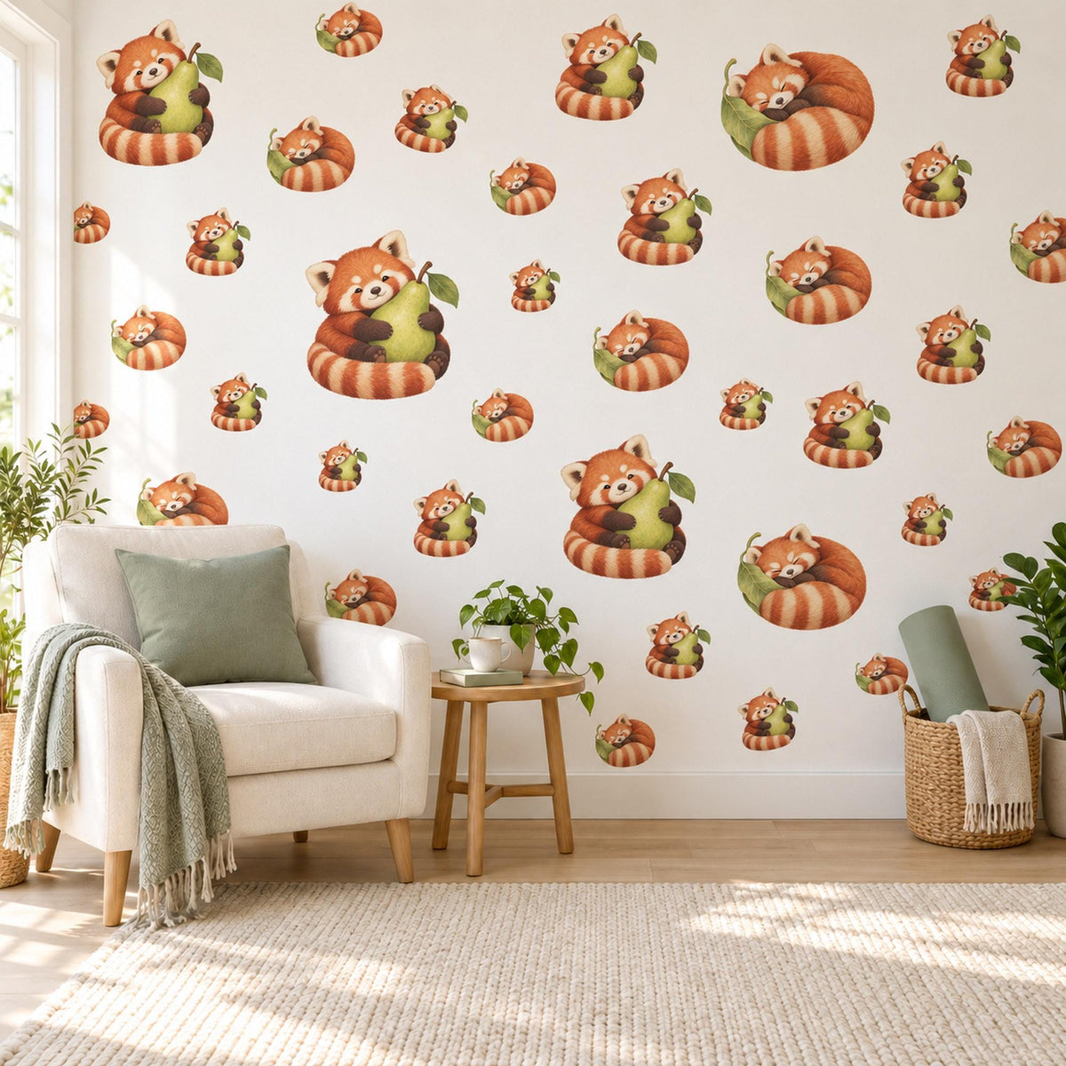 Red Panda Wall Stickers, Cute Red Panda Nursery Decor, Sleepy Red Pandas with Pears Wall Decals, Rust Green Kids Room Peel and Stick Art