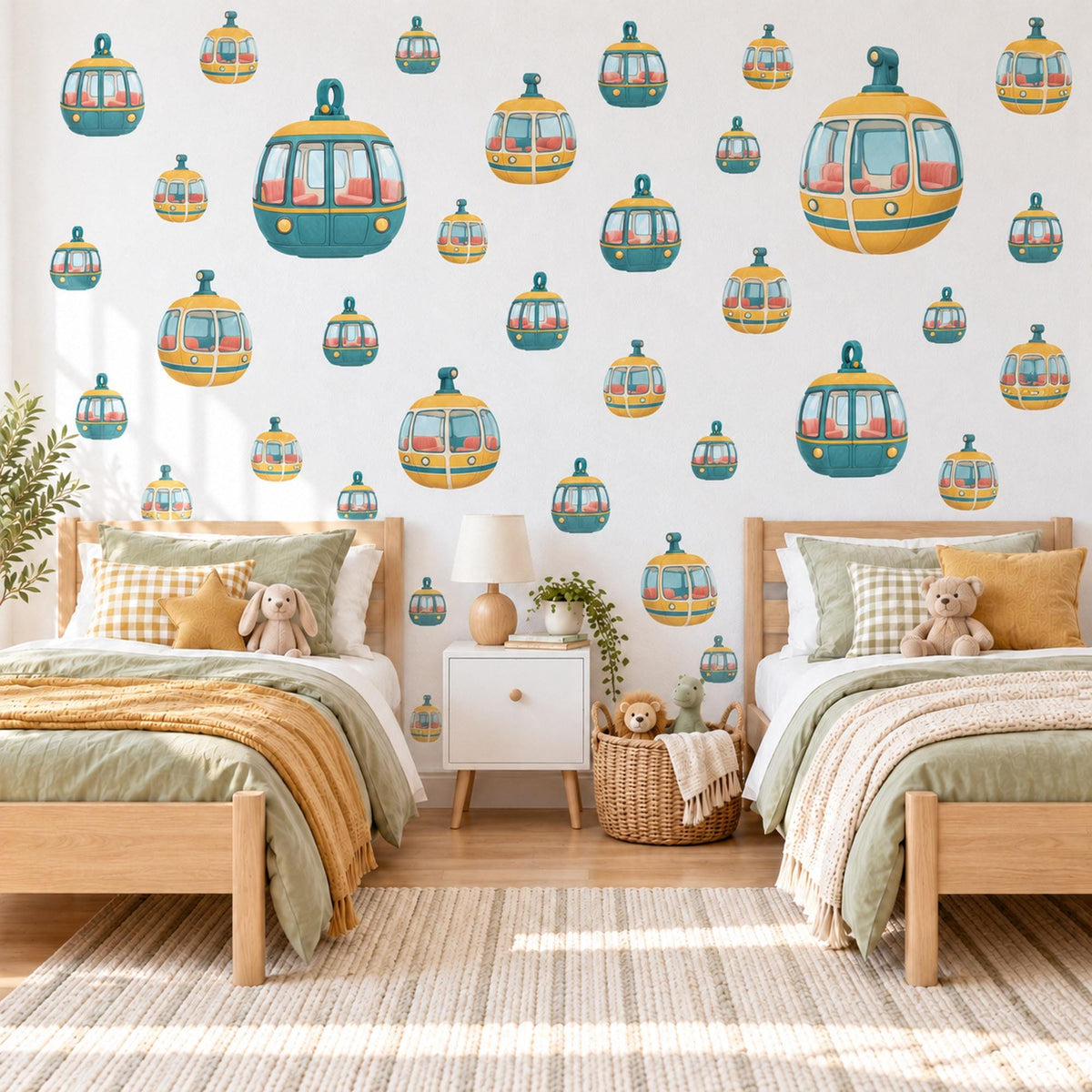 Cable Car Wall Stickers, Retro Gondola Nursery Decor, Mountain Cable Car Wall Decals, Teal Mustard Kids Room Peel and Stick Wall Art