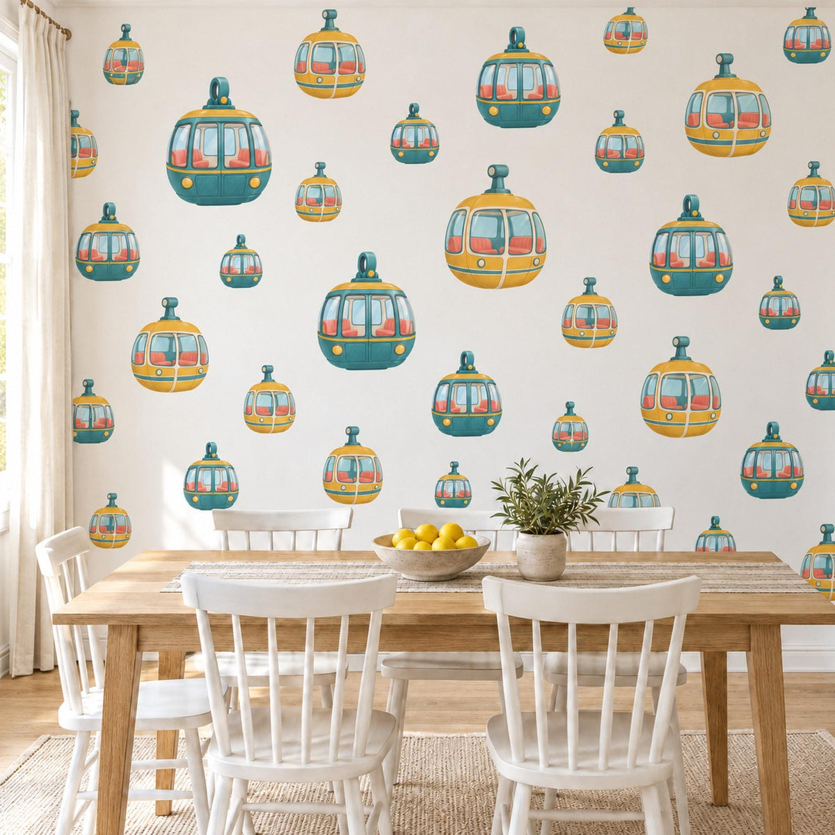 Cable Car Wall Stickers, Retro Gondola Nursery Decor, Mountain Cable Car Wall Decals, Teal Mustard Kids Room Peel and Stick Wall Art
