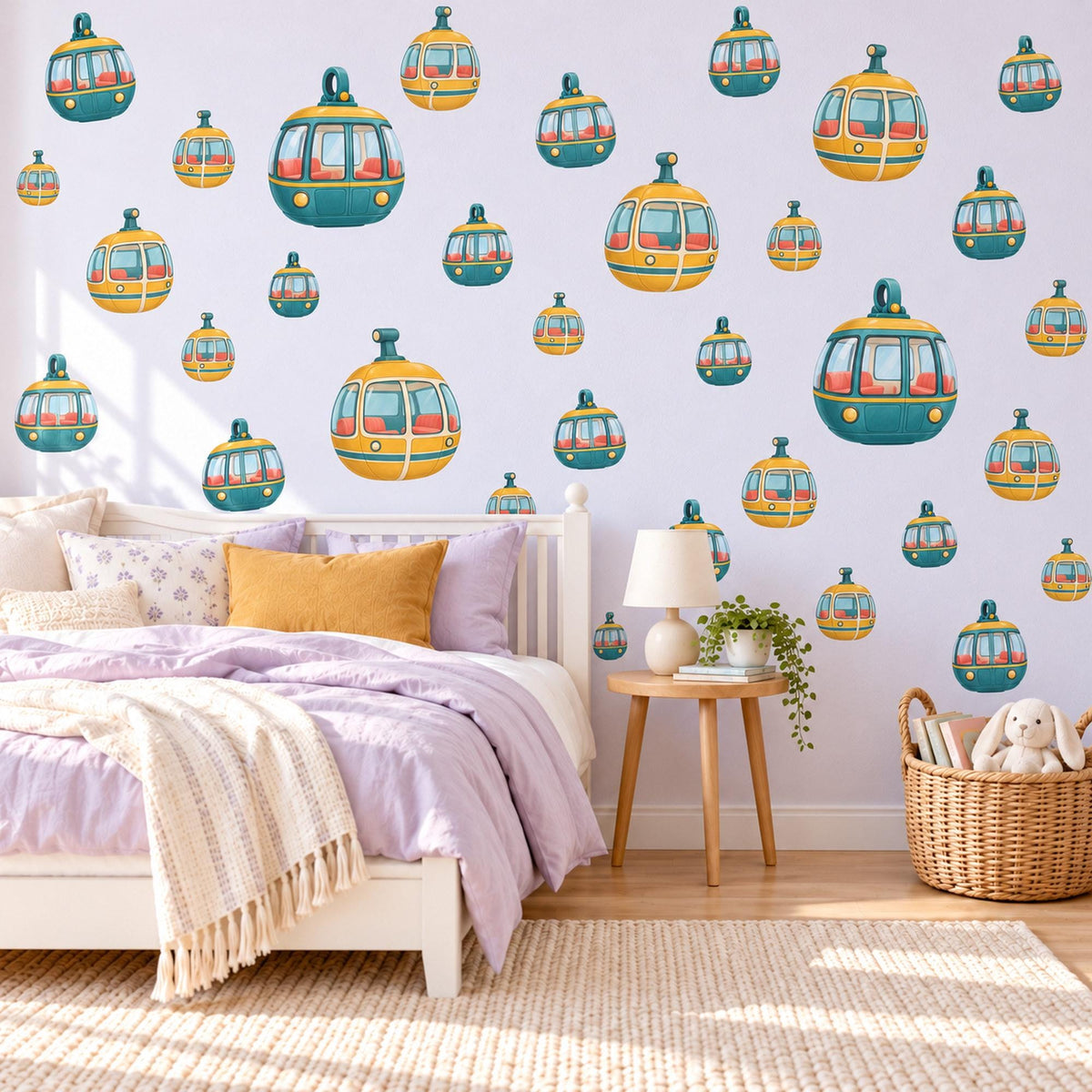 Cable Car Wall Stickers, Retro Gondola Nursery Decor, Mountain Cable Car Wall Decals, Teal Mustard Kids Room Peel and Stick Wall Art