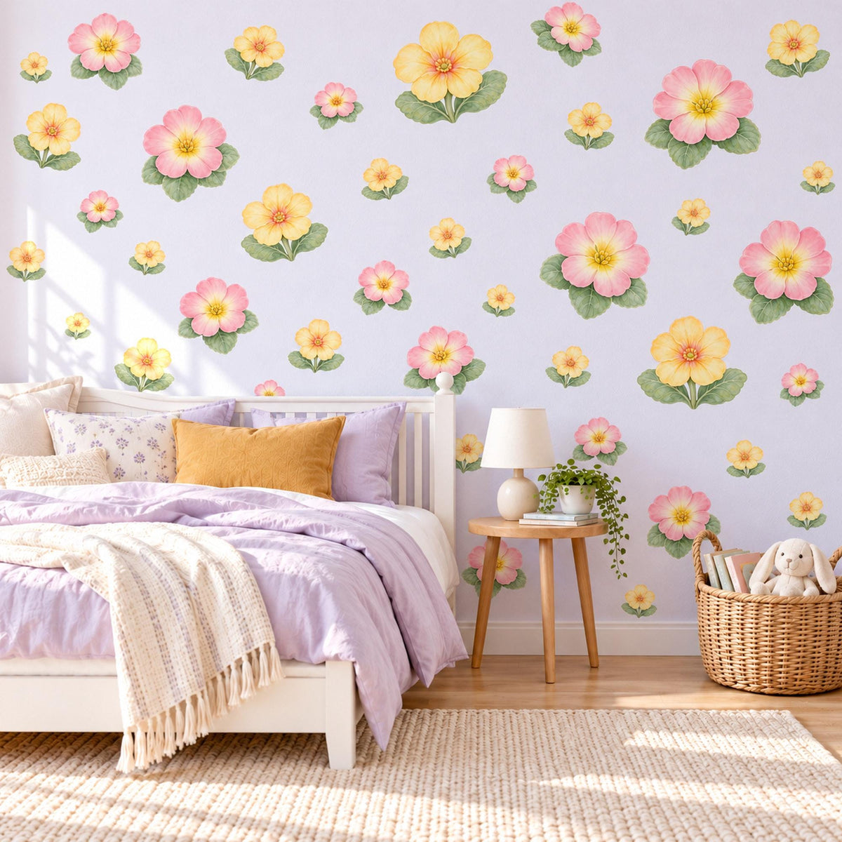 Primrose Wall Stickers, Spring Flower Nursery Decor, Pink Yellow Primrose Wall Decals, Floral Girls Kids Room Peel and Stick Wall Art