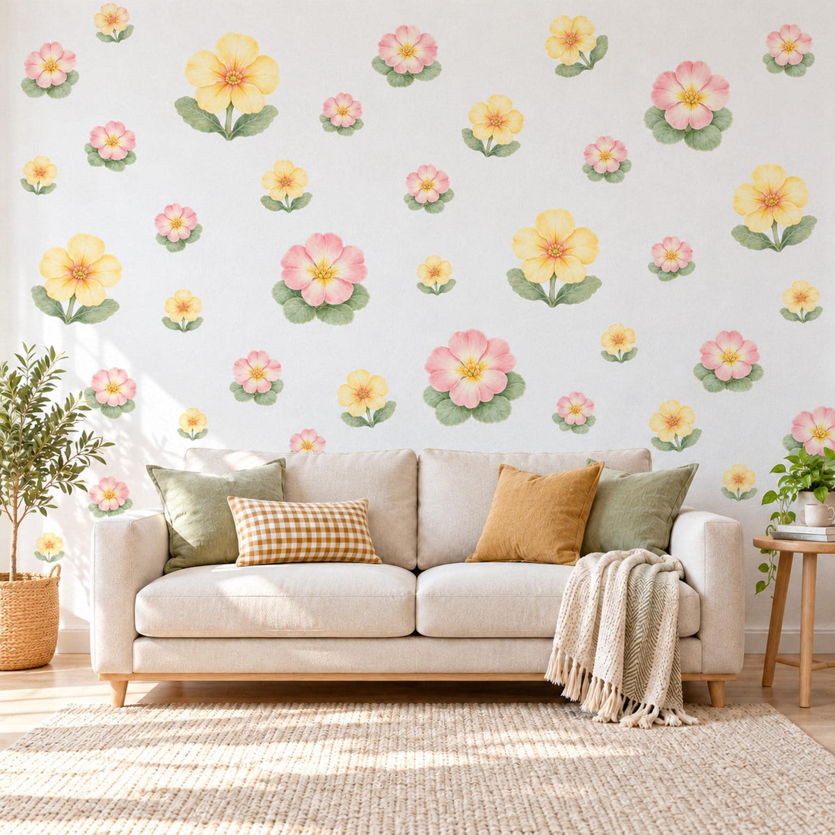 Primrose Wall Stickers, Spring Flower Nursery Decor, Pink Yellow Primrose Wall Decals, Floral Girls Kids Room Peel and Stick Wall Art