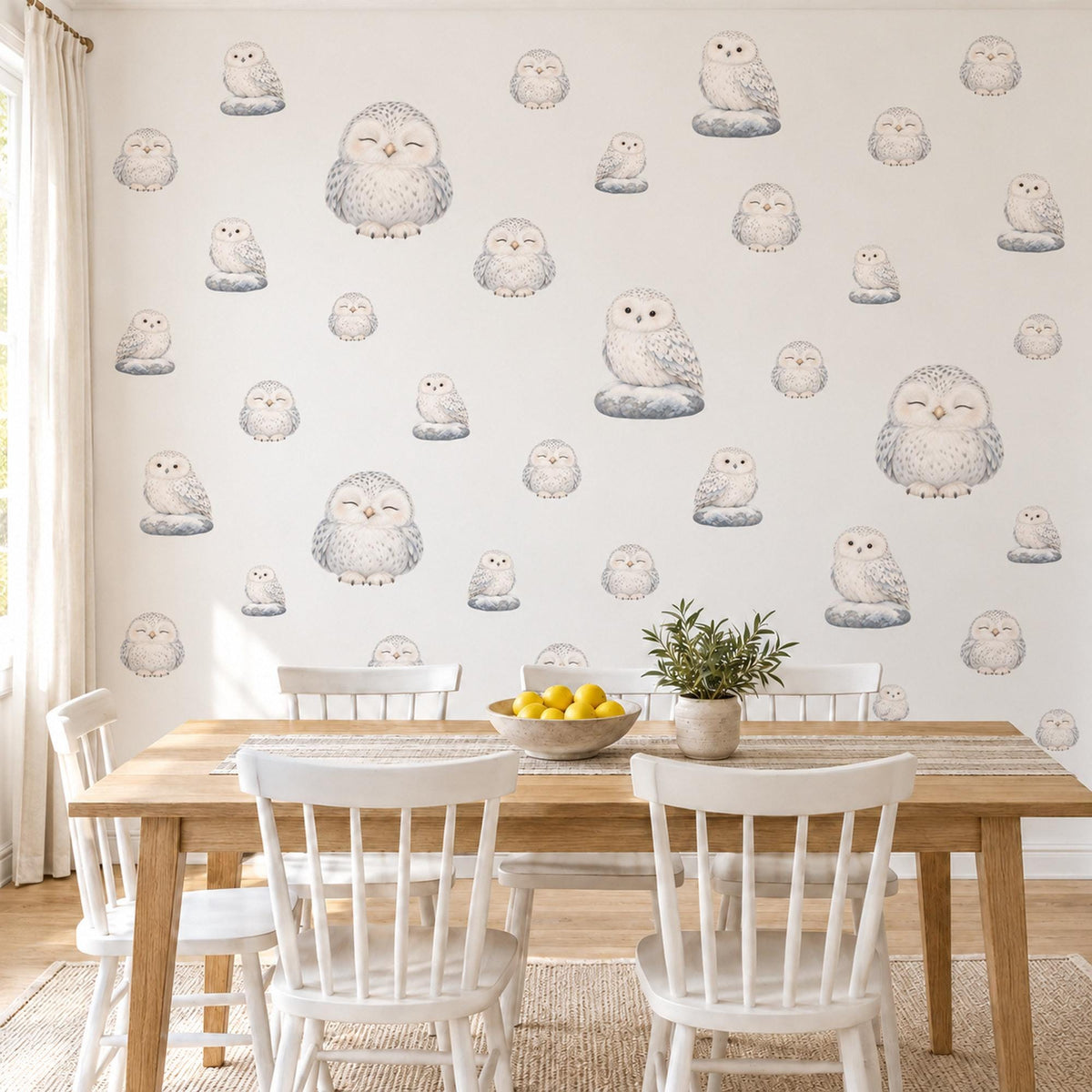 Owl Wall Stickers, Snowy Owl Nursery Decor, Cute Sleepy Owls Wall Decals, Grey White Neutral Woodland Kids Room Peel and Stick Wall Art