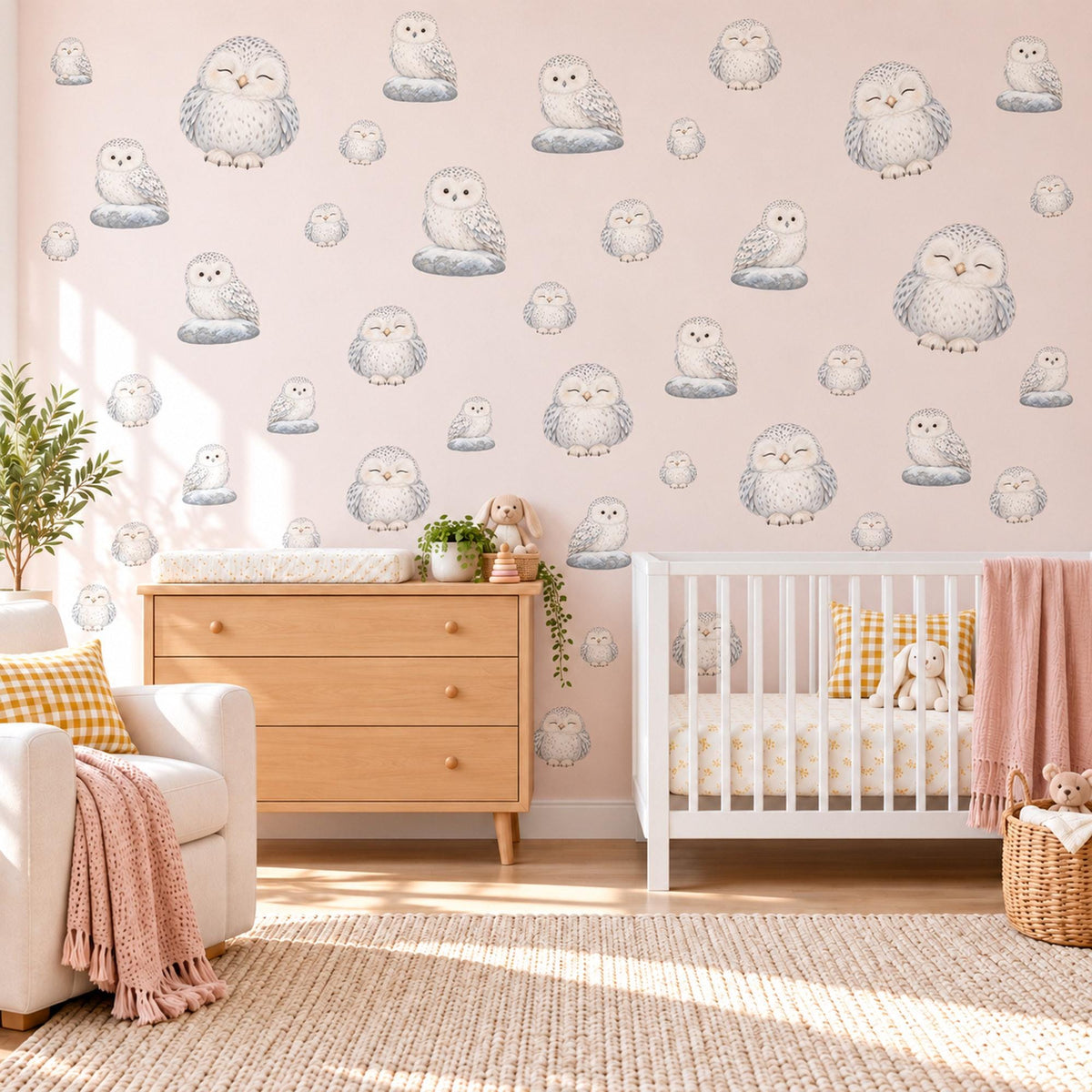 Owl Wall Stickers, Snowy Owl Nursery Decor, Cute Sleepy Owls Wall Decals, Grey White Neutral Woodland Kids Room Peel and Stick Wall Art