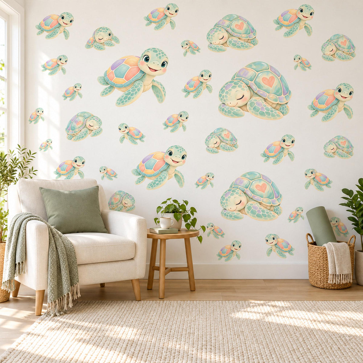 Sea Turtle Wall Stickers, Rainbow Turtle Nursery Decor, Cute Ocean Turtle Wall Decals, Pastel Mint Kids Room Peel and Stick Wall Art