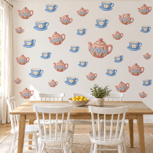 Teapot Wall Stickers, Tea Party Nursery Decor, Teapot and Teacup Wall Decals, Pink Blue Floral Girls Room Kitchen Peel and Stick Wall Art