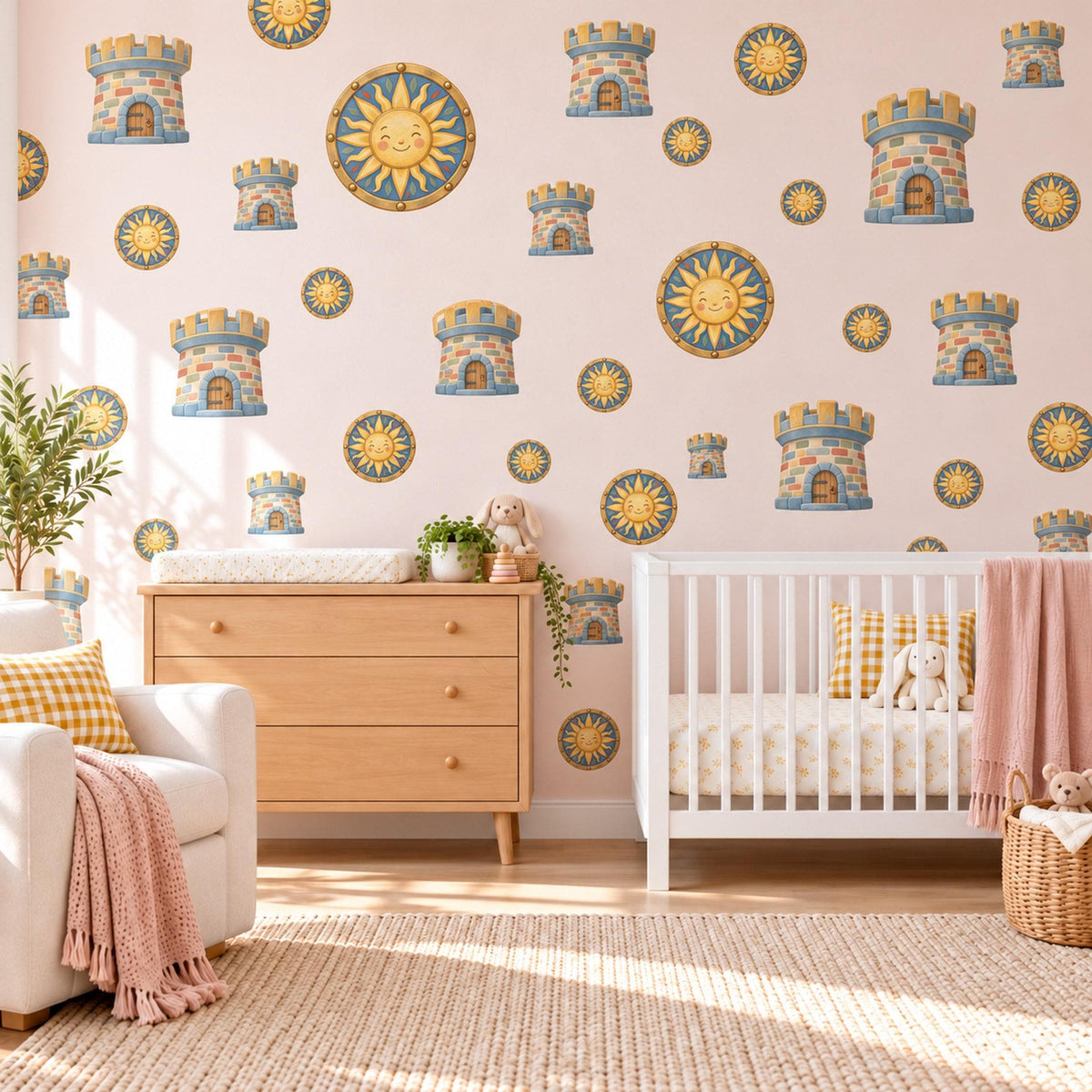 Castle Wall Stickers, Knight Shield Nursery Decor, Sun Shield and Castle Tower Wall Decals, Blue Gold Boys Room Peel and Stick Wall Art