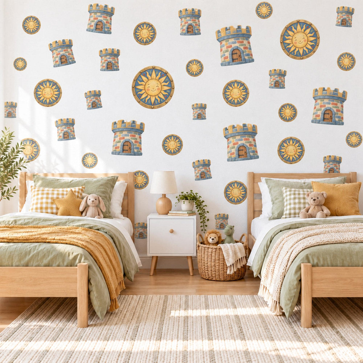 Castle Wall Stickers, Knight Shield Nursery Decor, Sun Shield and Castle Tower Wall Decals, Blue Gold Boys Room Peel and Stick Wall Art