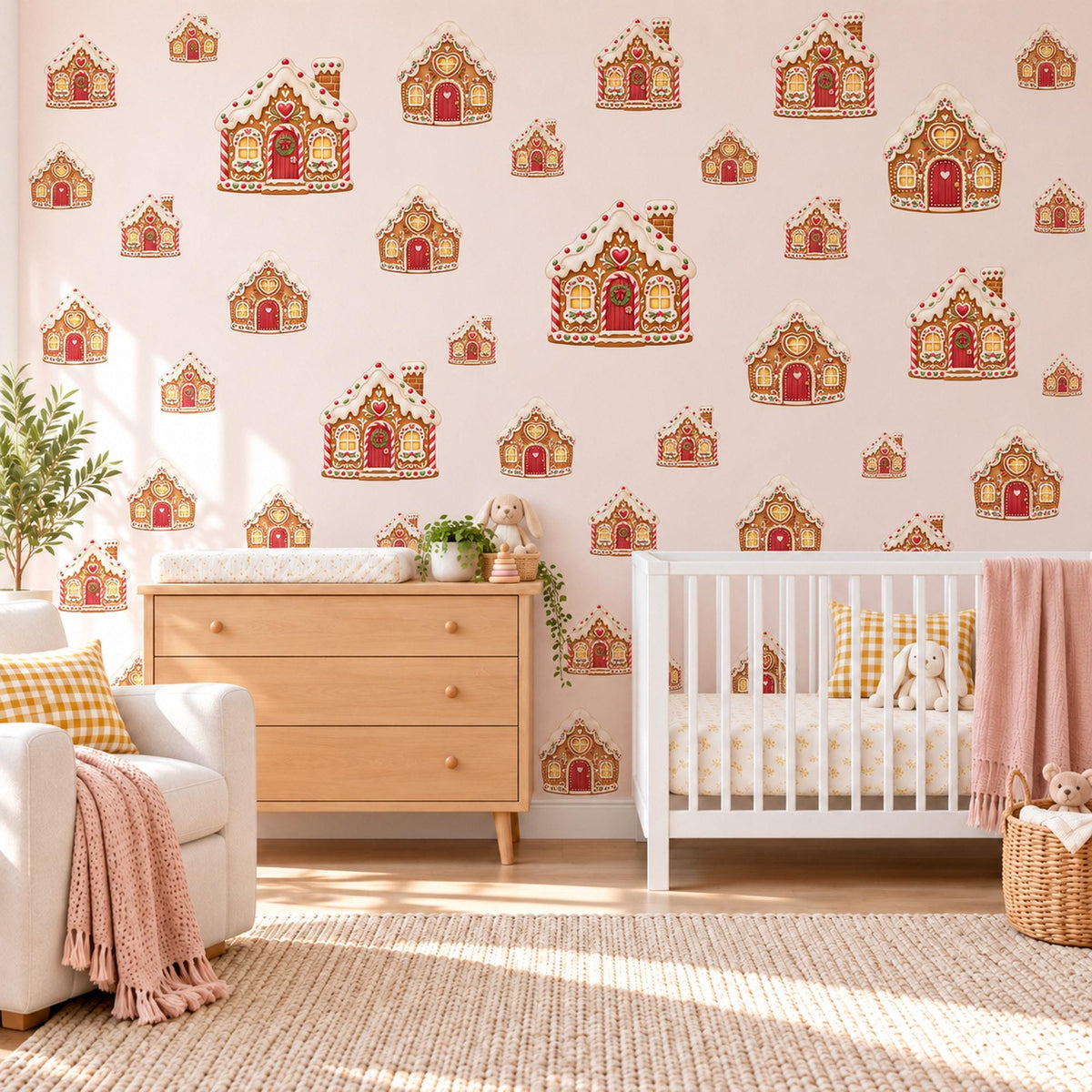 Gingerbread House Wall Stickers, Christmas Nursery Decor, Gingerbread Cottage Wall Decals, Red Brown Festive Kids Peel and Stick Wall Art