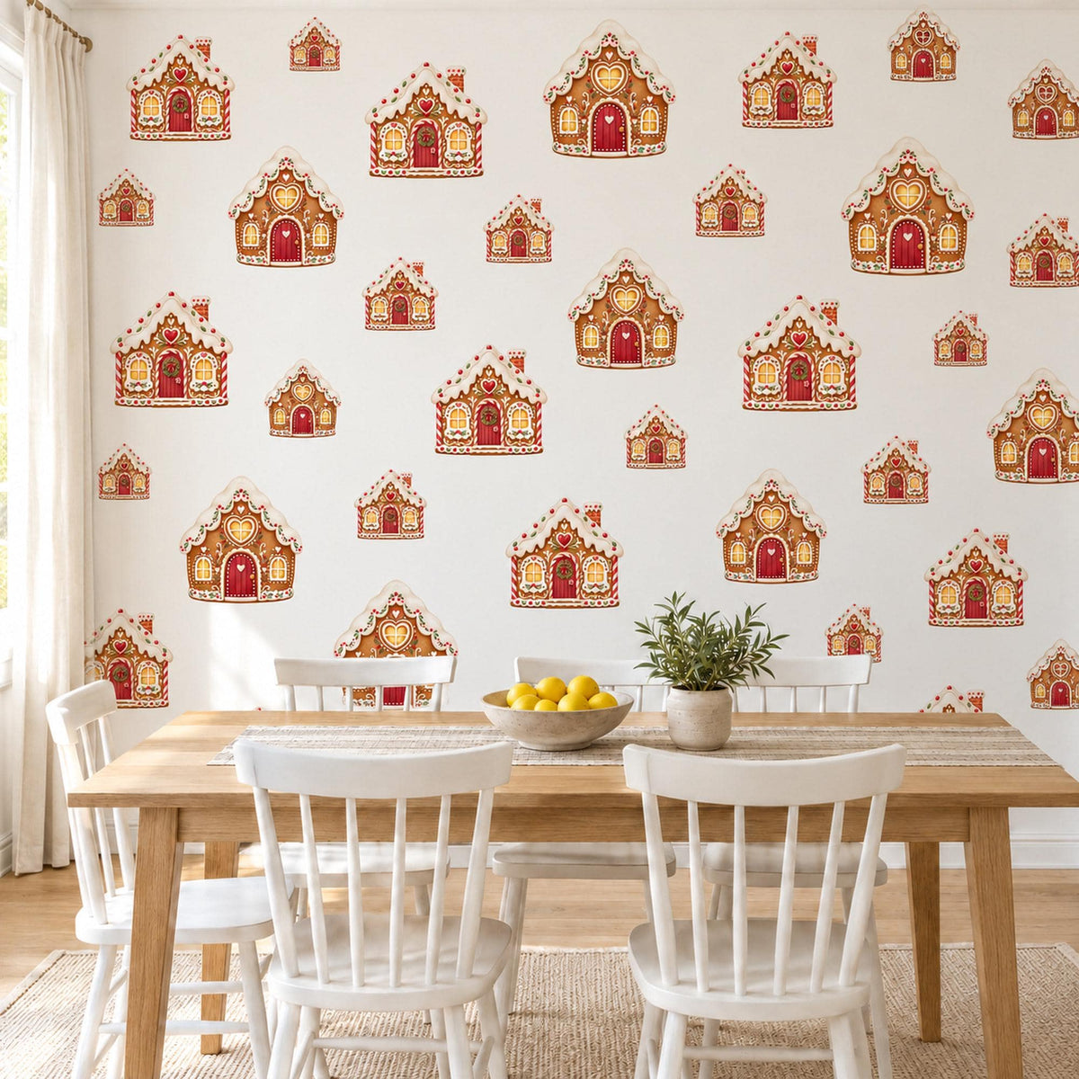 Gingerbread House Wall Stickers, Christmas Nursery Decor, Gingerbread Cottage Wall Decals, Red Brown Festive Kids Peel and Stick Wall Art