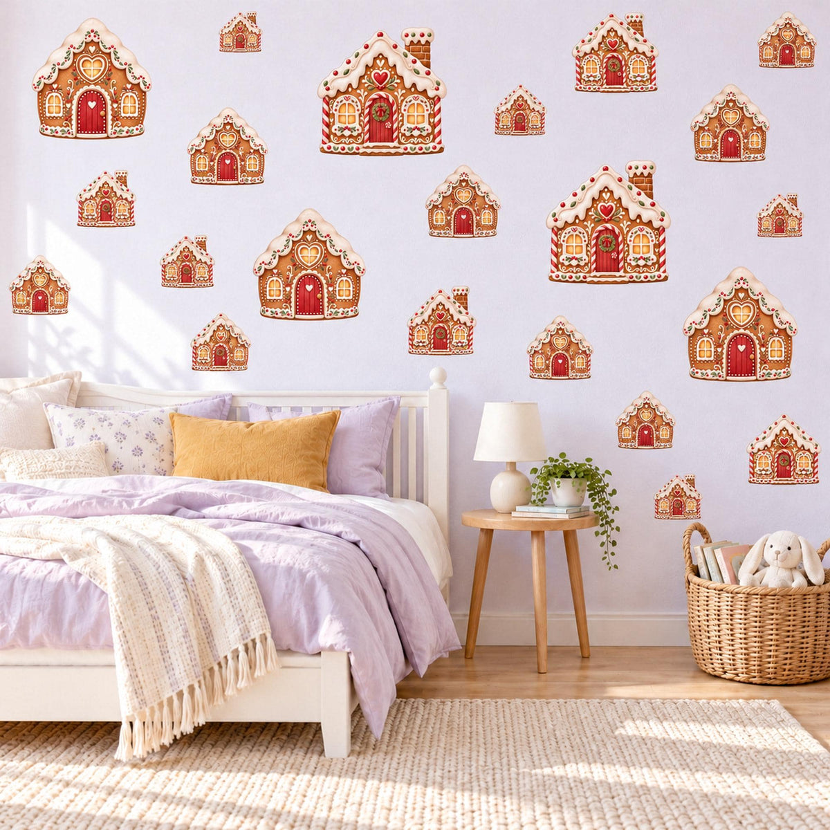 Gingerbread House Wall Stickers, Christmas Nursery Decor, Gingerbread Cottage Wall Decals, Red Brown Festive Kids Peel and Stick Wall Art