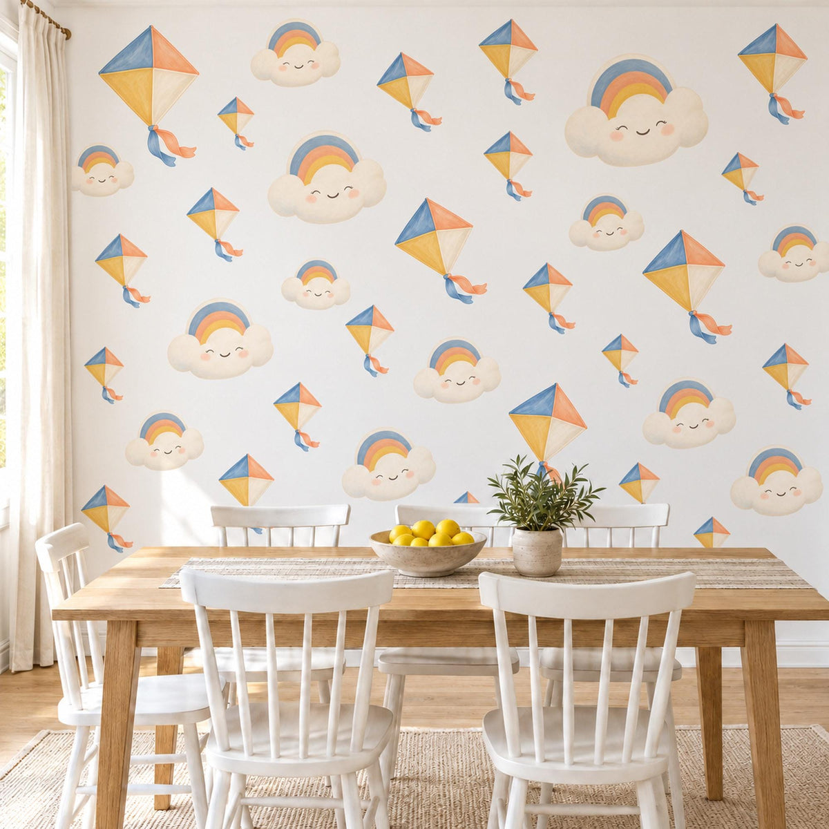 Kite Wall Stickers, Kites and Rainbow Cloud Nursery Decor, Smiling Cloud Wall Decals, Blue Yellow Orange Kids Room Peel and Stick Wall Art