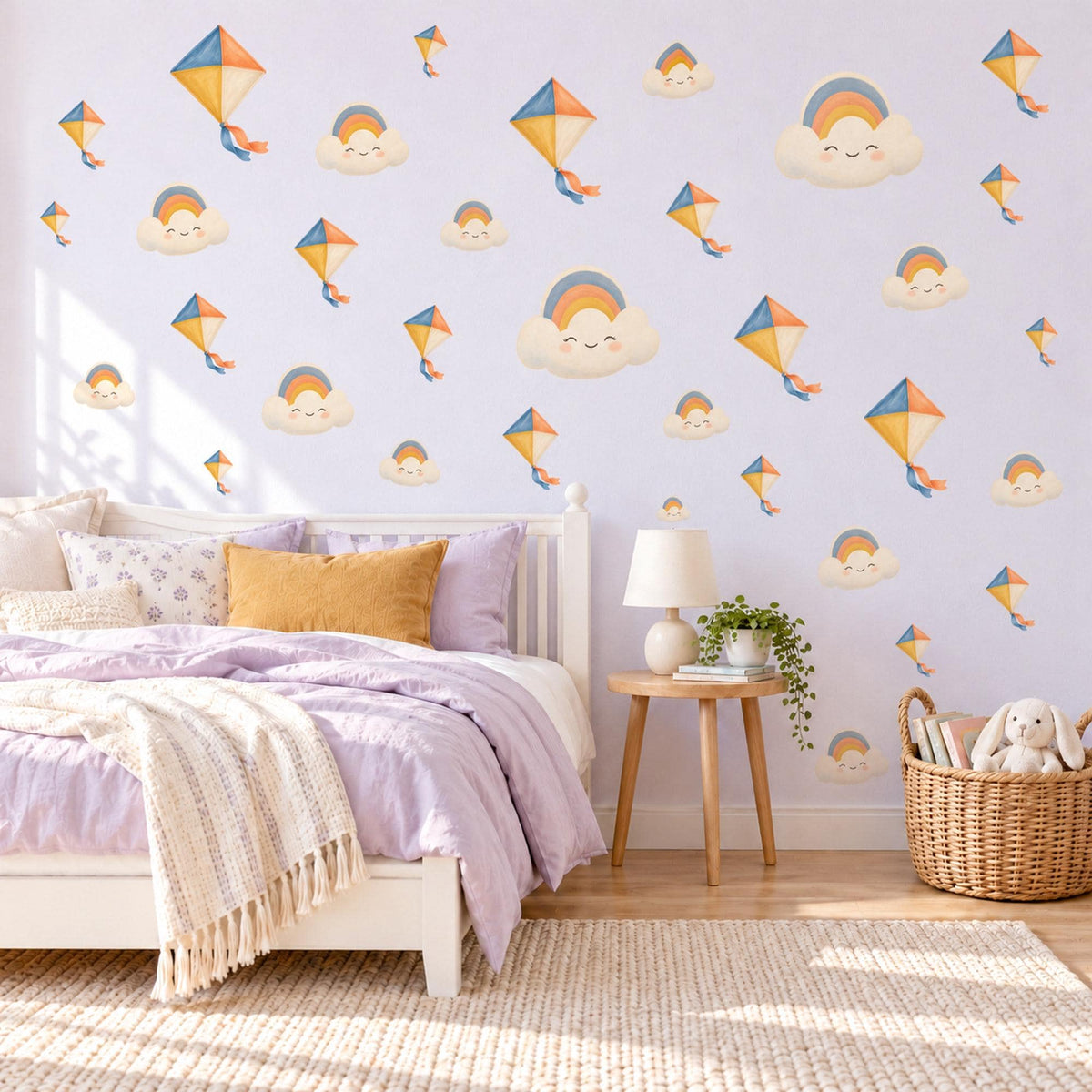 Kite Wall Stickers, Kites and Rainbow Cloud Nursery Decor, Smiling Cloud Wall Decals, Blue Yellow Orange Kids Room Peel and Stick Wall Art