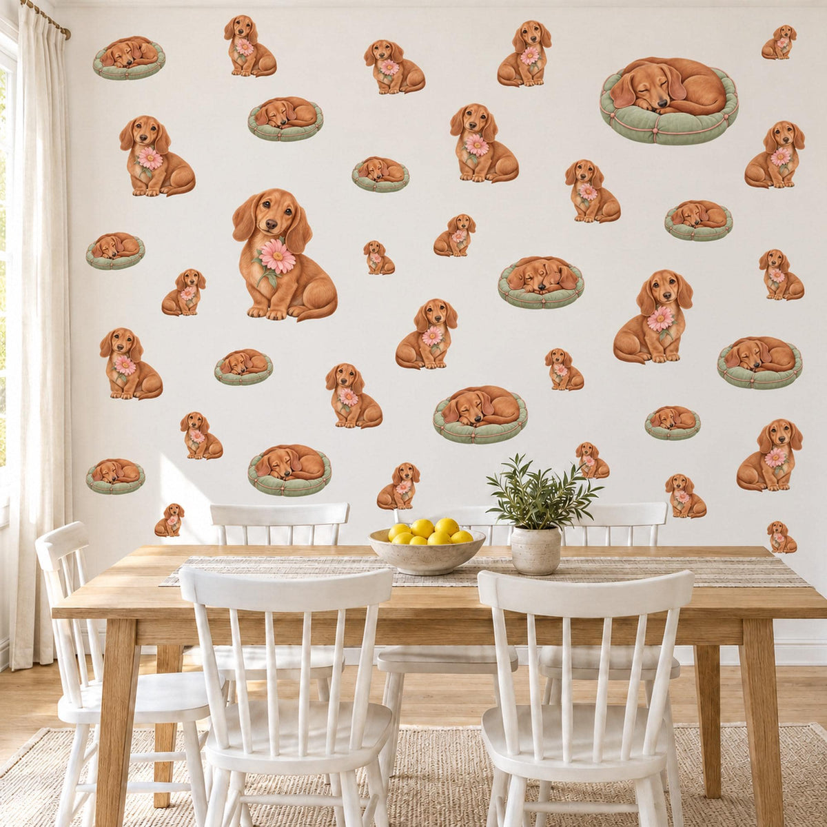 Dachshund Wall Stickers, Sausage Dog Nursery Decor, Puppy and Daisy Wall Decals, Caramel Sage Pink Kids Room Peel and Stick Wall Art
