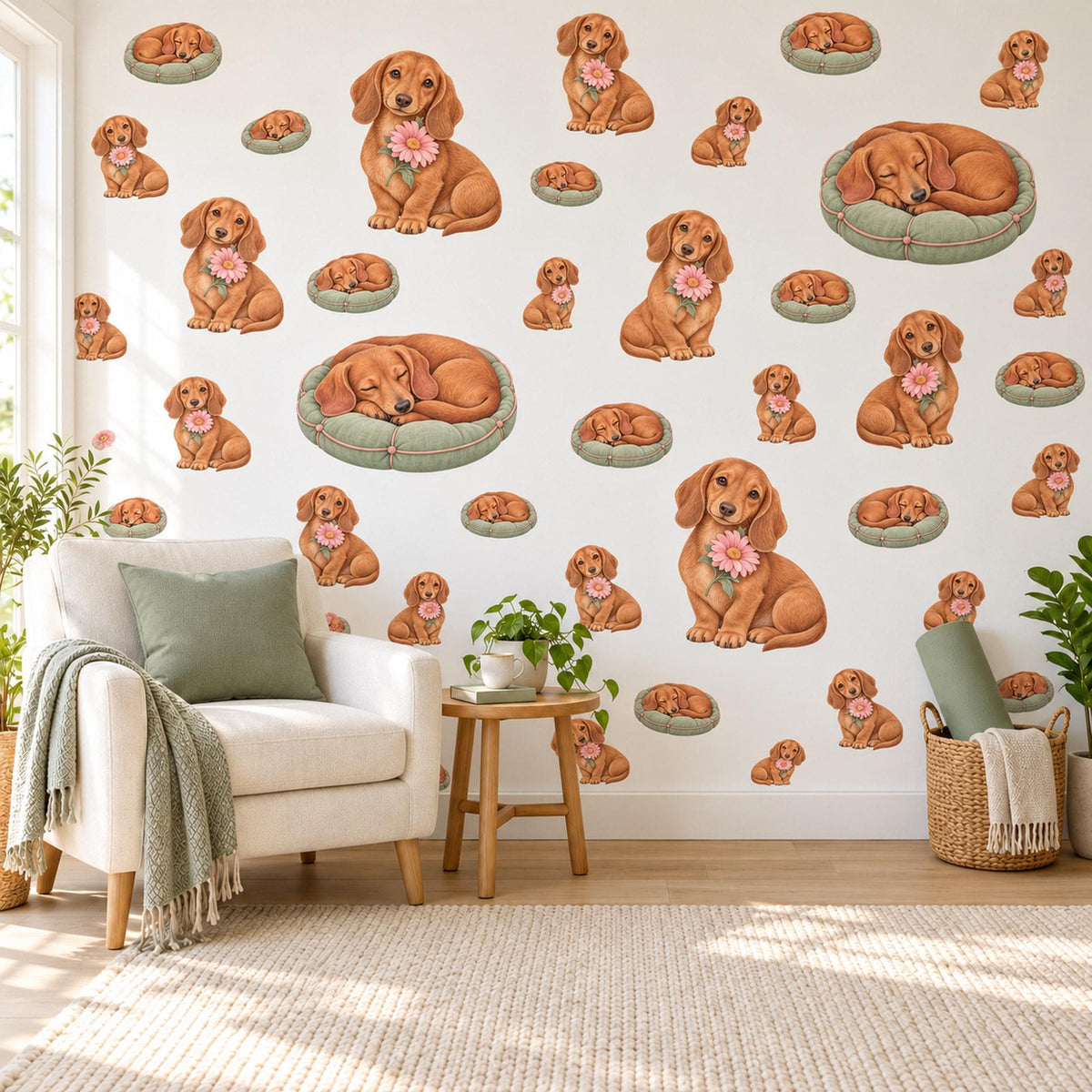 Dachshund Wall Stickers, Sausage Dog Nursery Decor, Puppy and Daisy Wall Decals, Caramel Sage Pink Kids Room Peel and Stick Wall Art