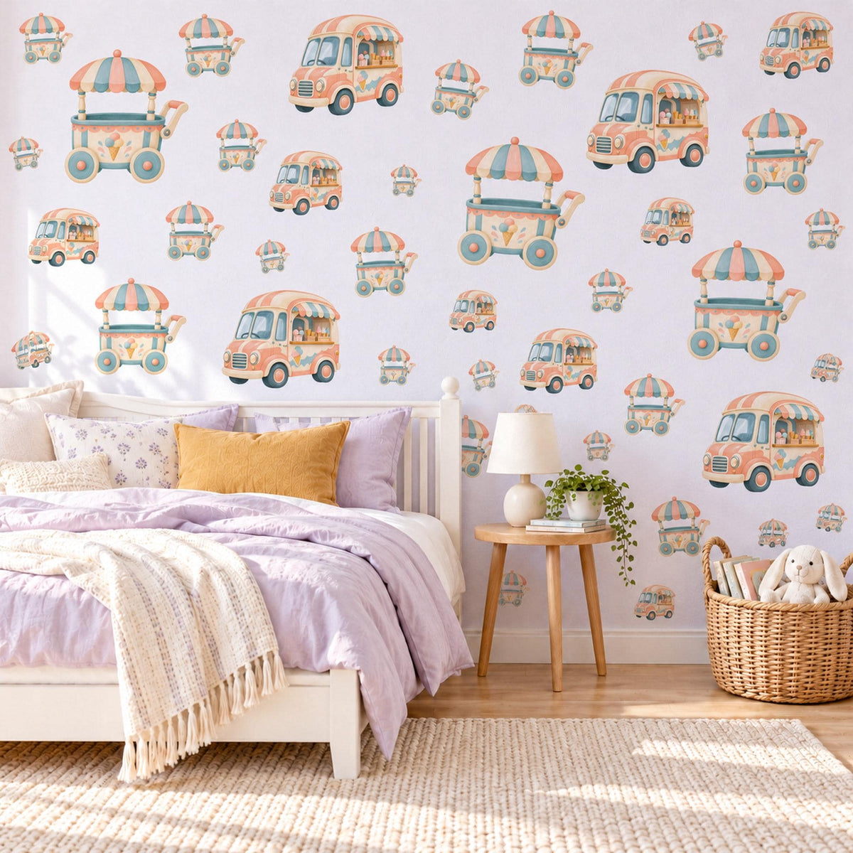 Ice Cream Wall Stickers, Ice Cream Cart and Van Nursery Decor, Retro Ice Cream Truck Wall Decals, Peach Teal Kids Room Peel and Stick Art