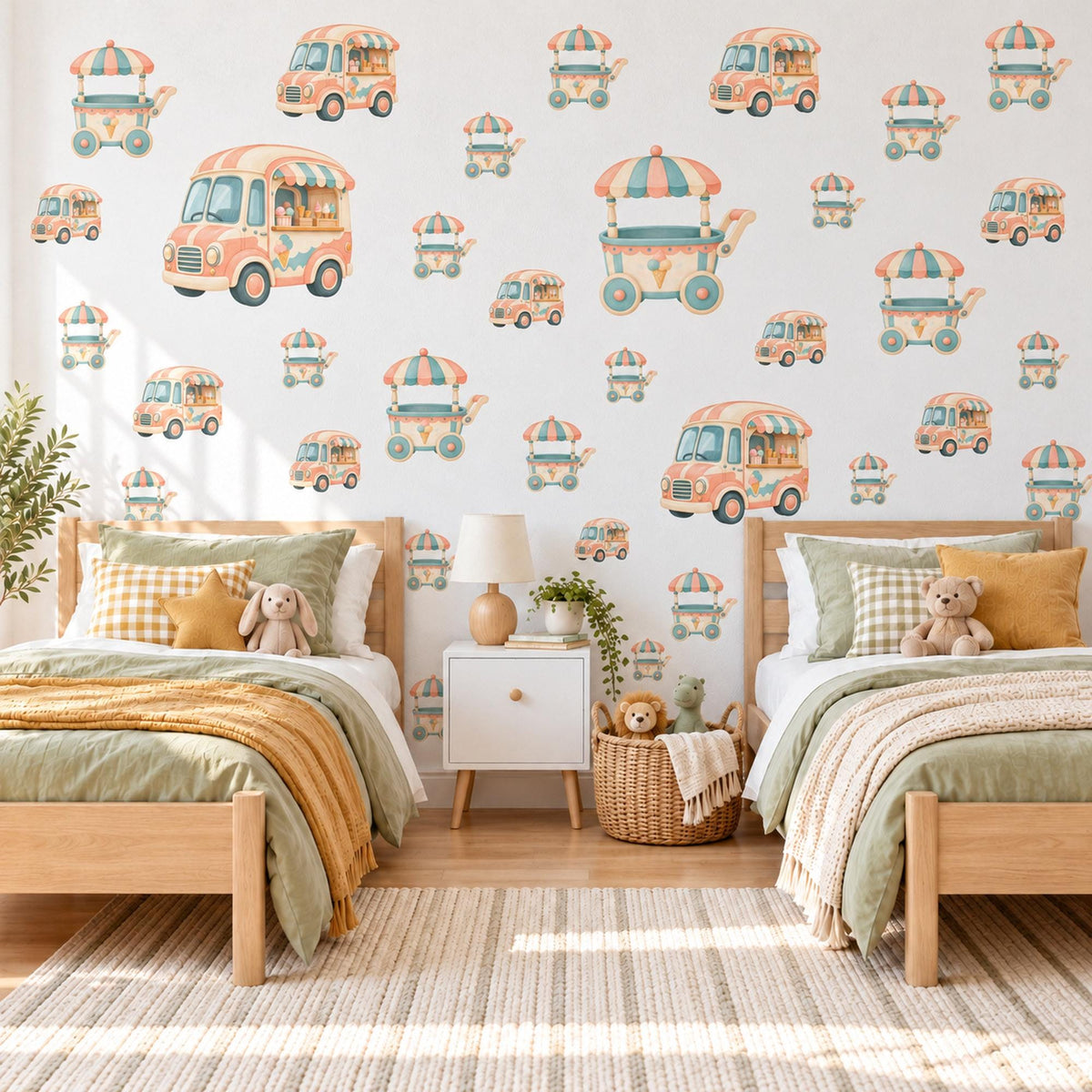 Ice Cream Wall Stickers, Ice Cream Cart and Van Nursery Decor, Retro Ice Cream Truck Wall Decals, Peach Teal Kids Room Peel and Stick Art