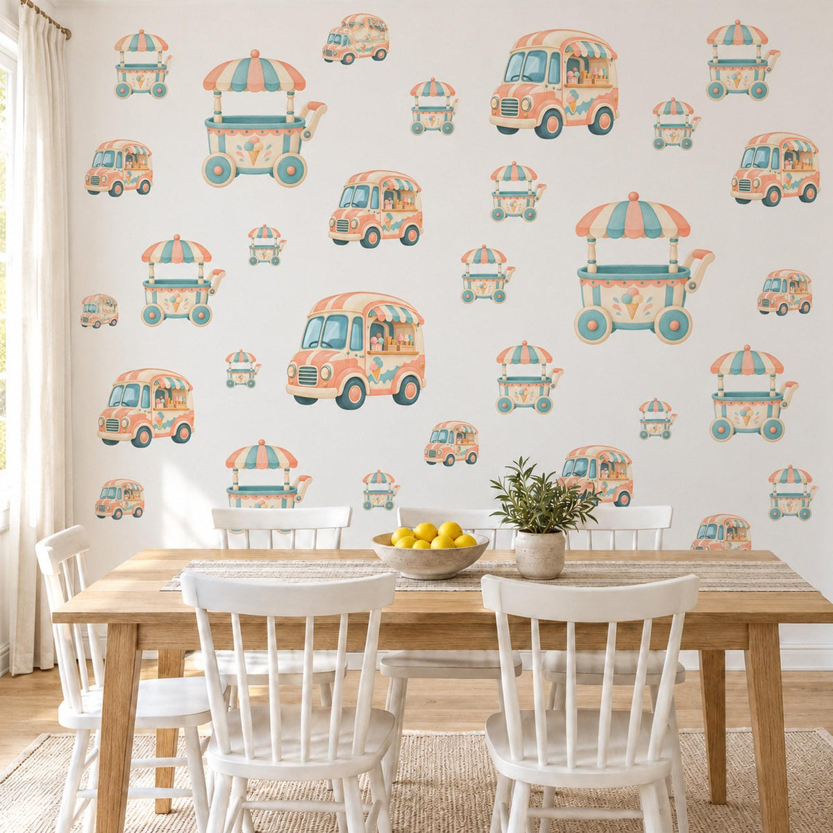 Ice Cream Wall Stickers, Ice Cream Cart and Van Nursery Decor, Retro Ice Cream Truck Wall Decals, Peach Teal Kids Room Peel and Stick Art