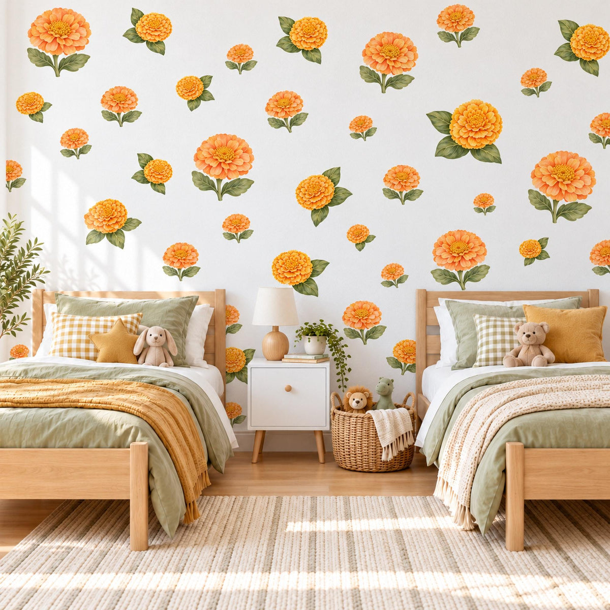 Marigold Wall Stickers, Orange Flower Nursery Decor, Marigold and Zinnia Wall Decals, Warm Orange Green Floral Kids Room Peel and Stick Art