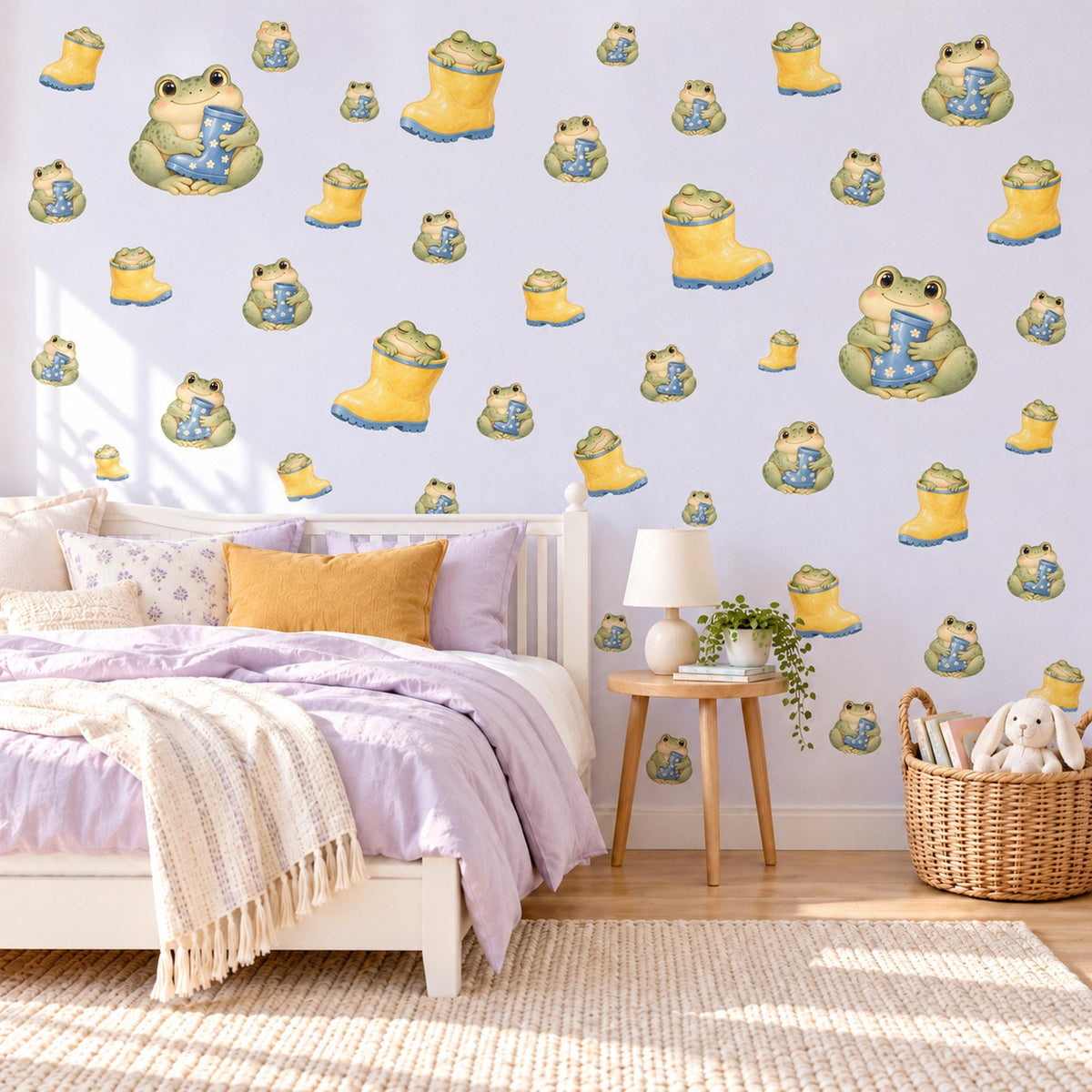 Frog Wall Stickers, Frog and Wellies Nursery Decor, Cute Rainy Day Frog Wall Decals, Green Yellow Blue Kids Room Peel and Stick Wall Art
