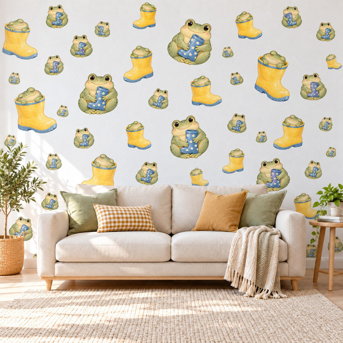 Frog Wall Stickers, Frog and Wellies Nursery Decor, Cute Rainy Day Frog Wall Decals, Green Yellow Blue Kids Room Peel and Stick Wall Art