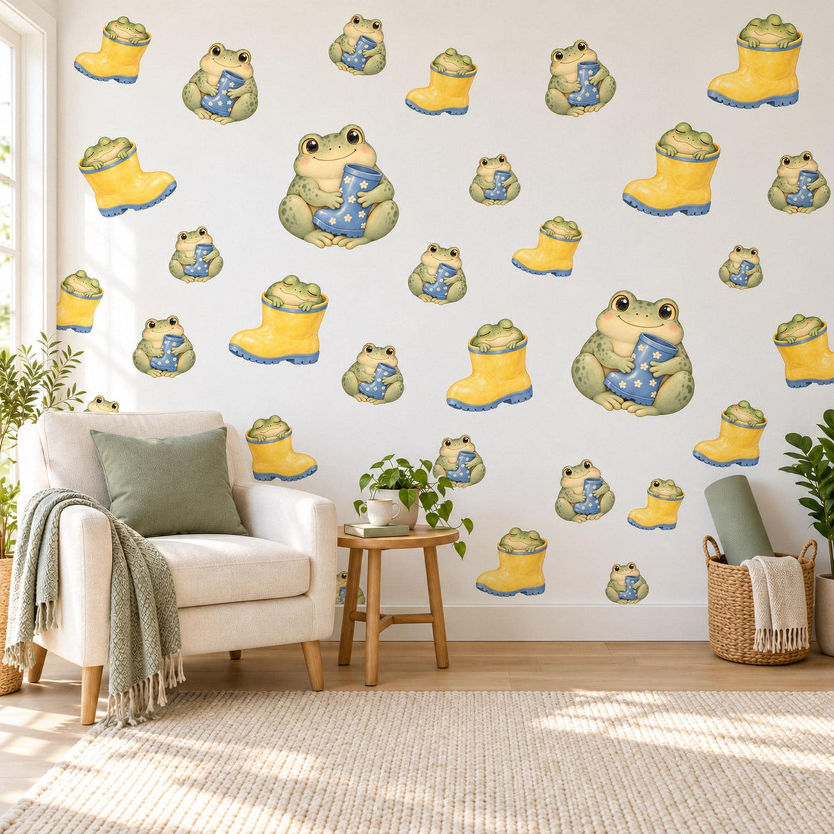 Frog Wall Stickers, Frog and Wellies Nursery Decor, Cute Rainy Day Frog Wall Decals, Green Yellow Blue Kids Room Peel and Stick Wall Art