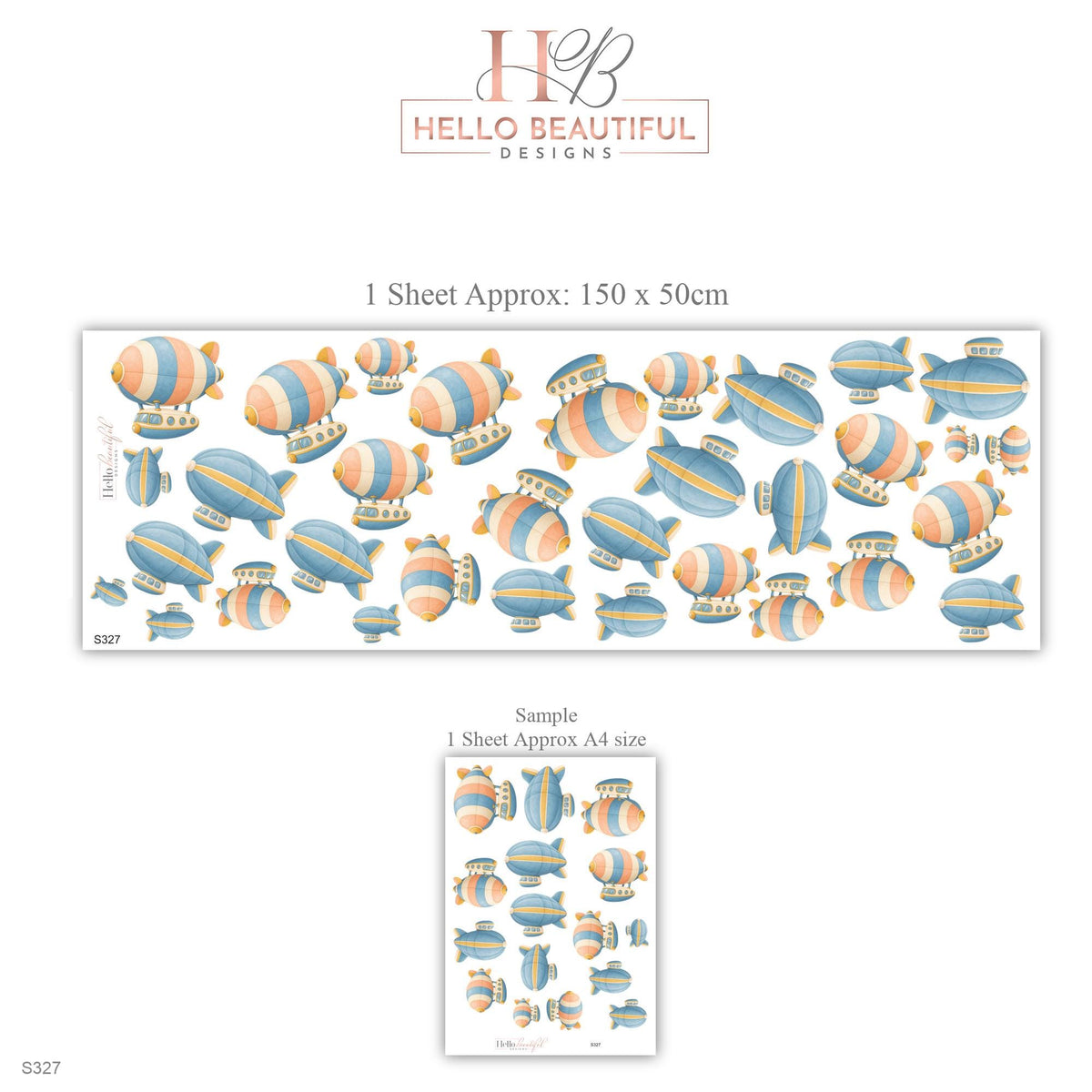 Airship Wall Stickers, Vintage Blimp Nursery Decor, Striped Zeppelin Wall Decals, Peach Blue Travel Kids Room Peel and Stick Wall Art
