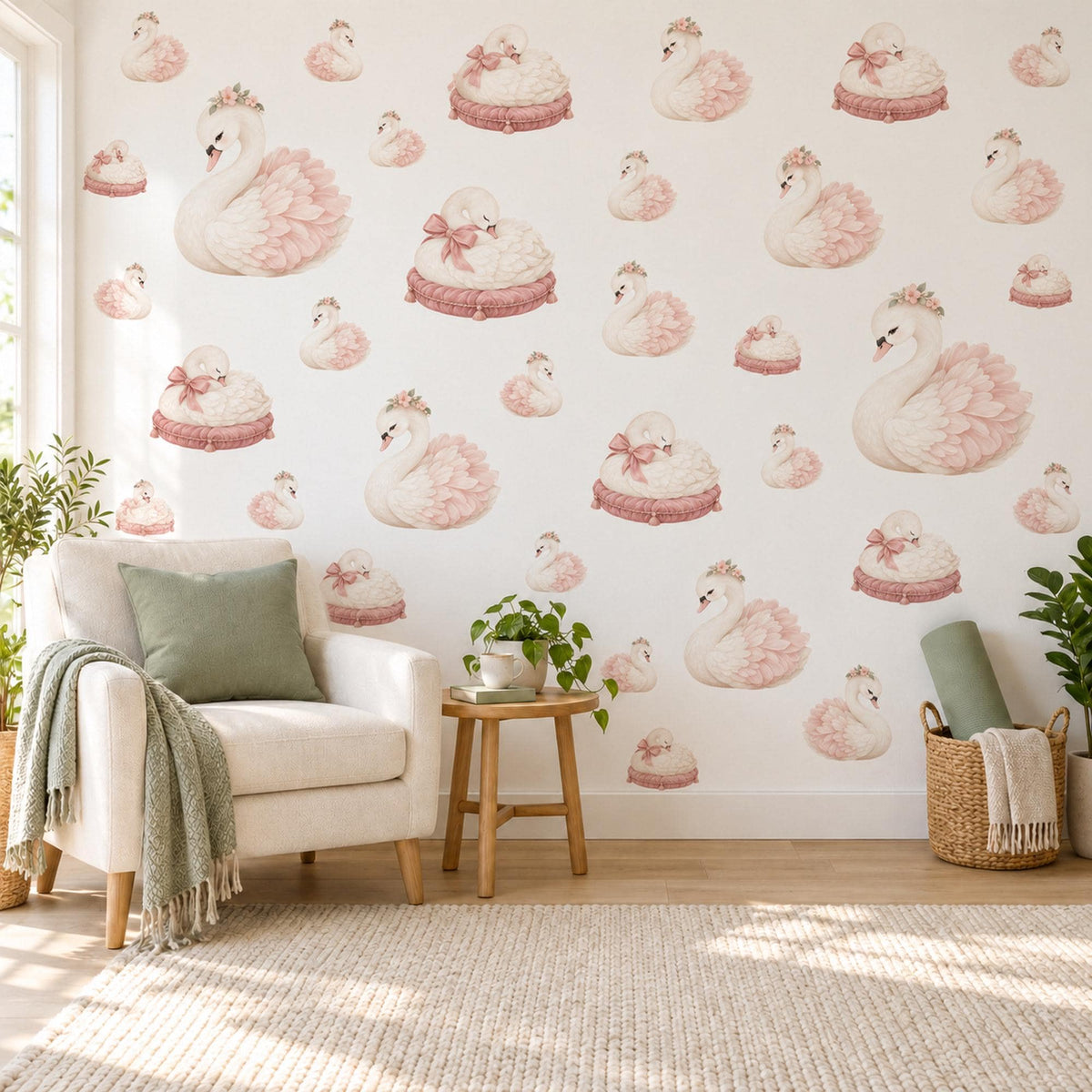 Swan Wall Stickers, Ballet Swan Nursery Decor, Swan Princess Wall Decals, Blush Pink Cream Girls Room Peel and Stick Wall Art
