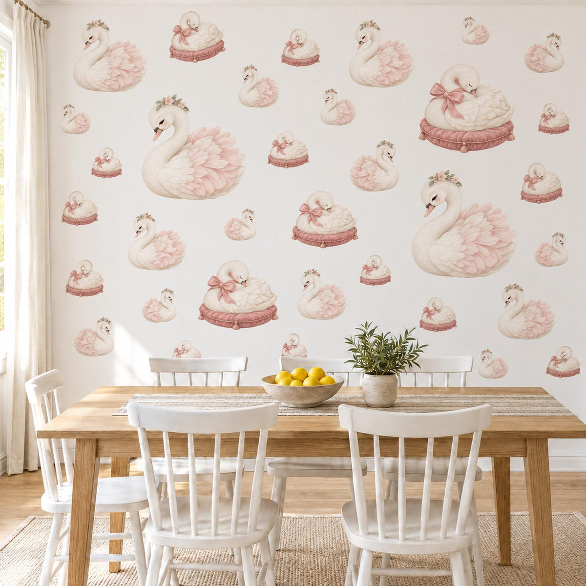 Swan Wall Stickers, Ballet Swan Nursery Decor, Swan Princess Wall Decals, Blush Pink Cream Girls Room Peel and Stick Wall Art