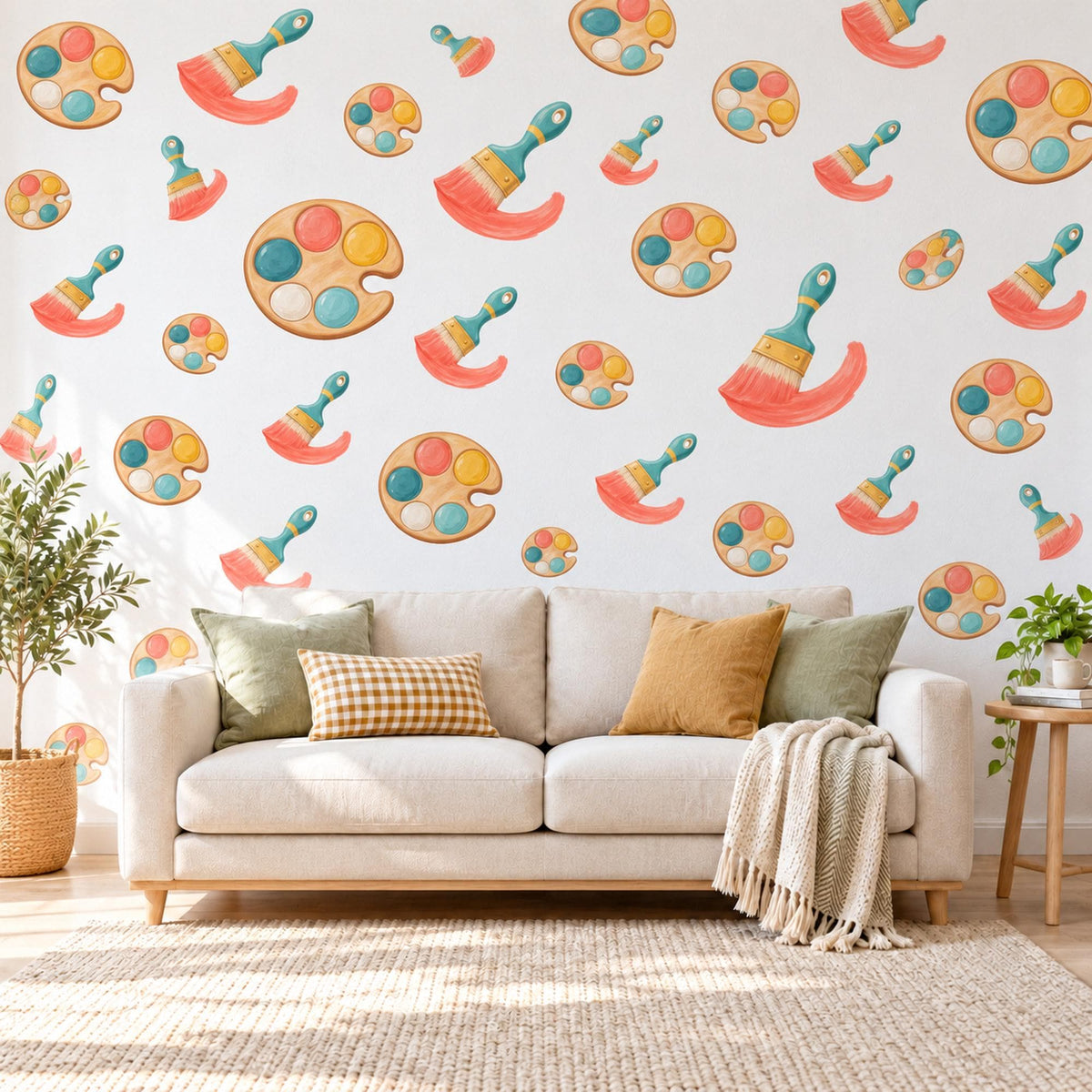 Art Wall Stickers, Paint Palette and Brush Nursery Decor, Little Artist Wall Decals, Coral Teal Mustard Playroom Peel and Stick Wall Art