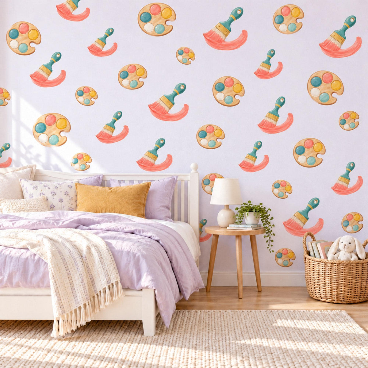 Art Wall Stickers, Paint Palette and Brush Nursery Decor, Little Artist Wall Decals, Coral Teal Mustard Playroom Peel and Stick Wall Art