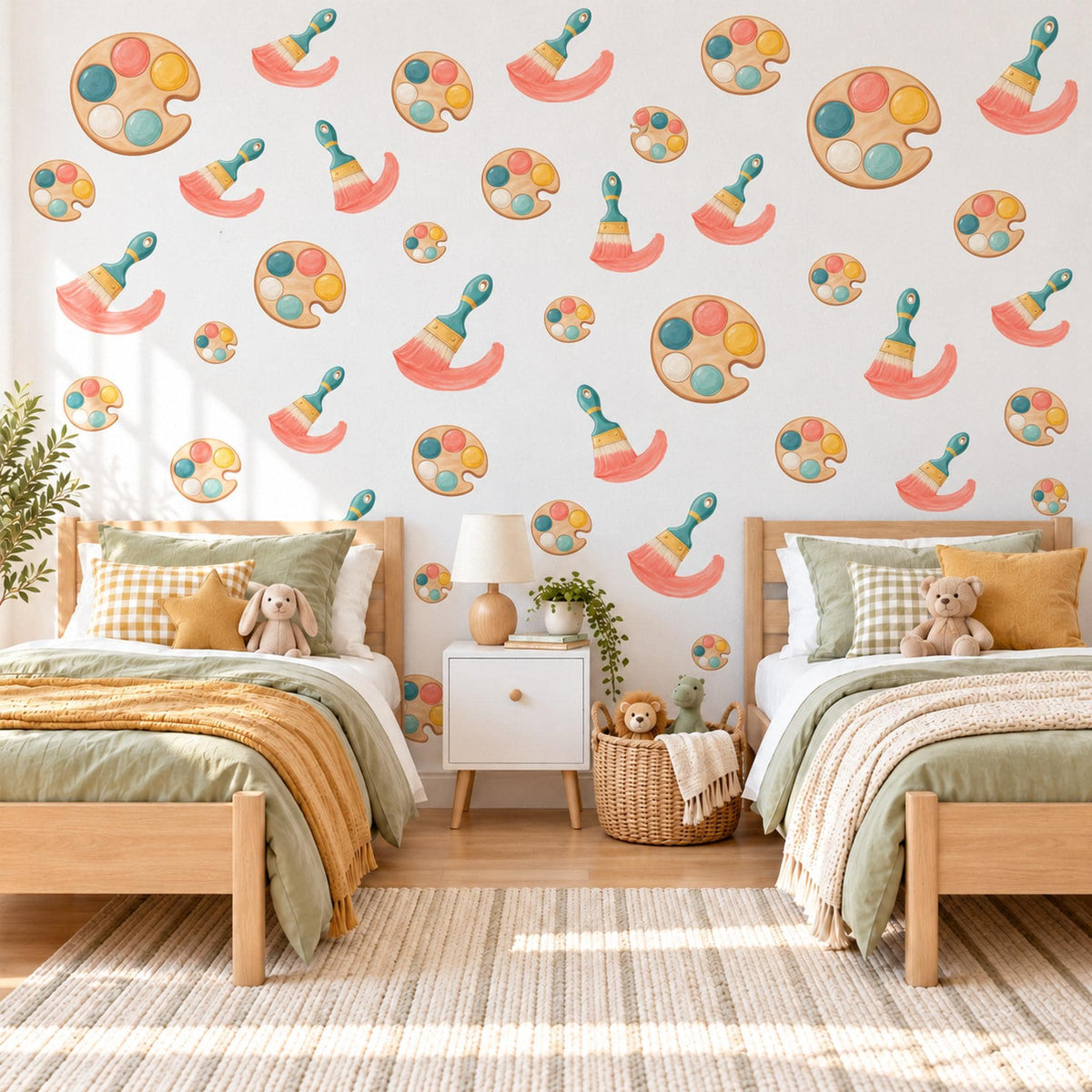 Art Wall Stickers, Paint Palette and Brush Nursery Decor, Little Artist Wall Decals, Coral Teal Mustard Playroom Peel and Stick Wall Art