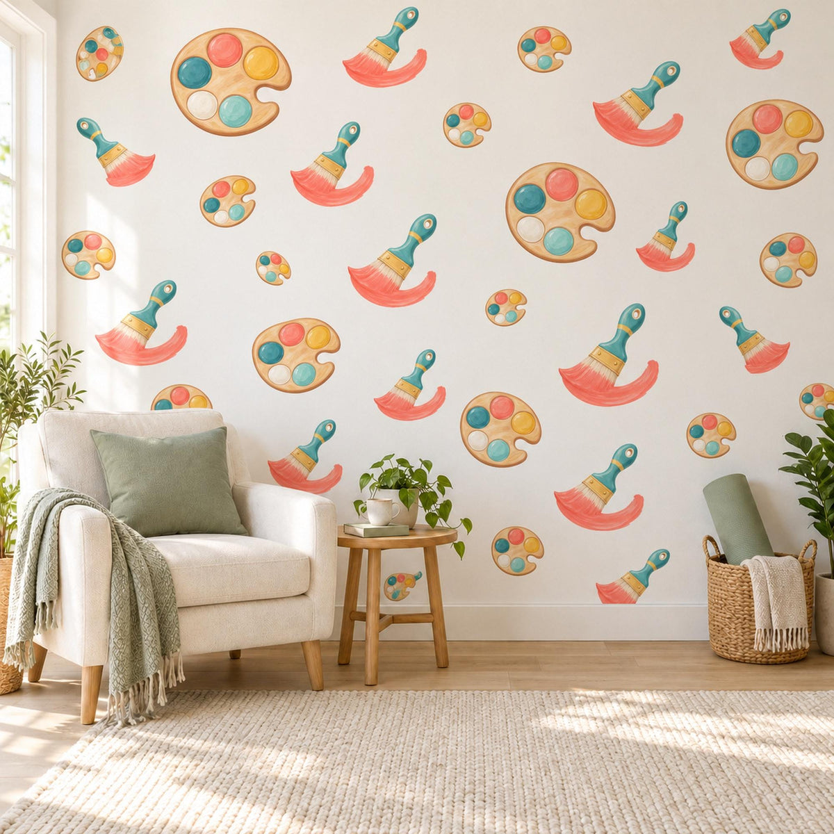 Art Wall Stickers, Paint Palette and Brush Nursery Decor, Little Artist Wall Decals, Coral Teal Mustard Playroom Peel and Stick Wall Art