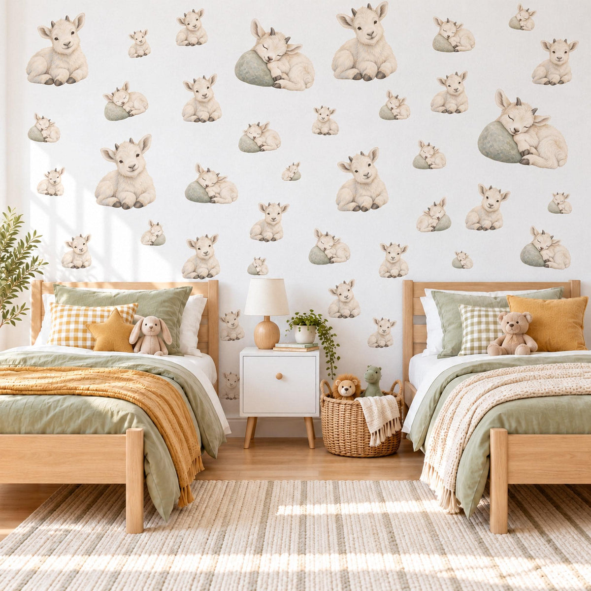 Goat Wall Stickers, Baby Mountain Goat Nursery Decor, Cute Farm Animal Wall Decals, Cream Sage Neutral Kids Room Peel and Stick Wall Art