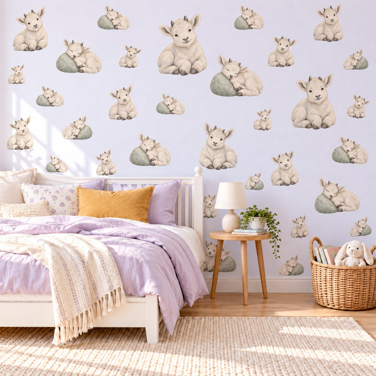 Goat Wall Stickers, Baby Mountain Goat Nursery Decor, Cute Farm Animal Wall Decals, Cream Sage Neutral Kids Room Peel and Stick Wall Art