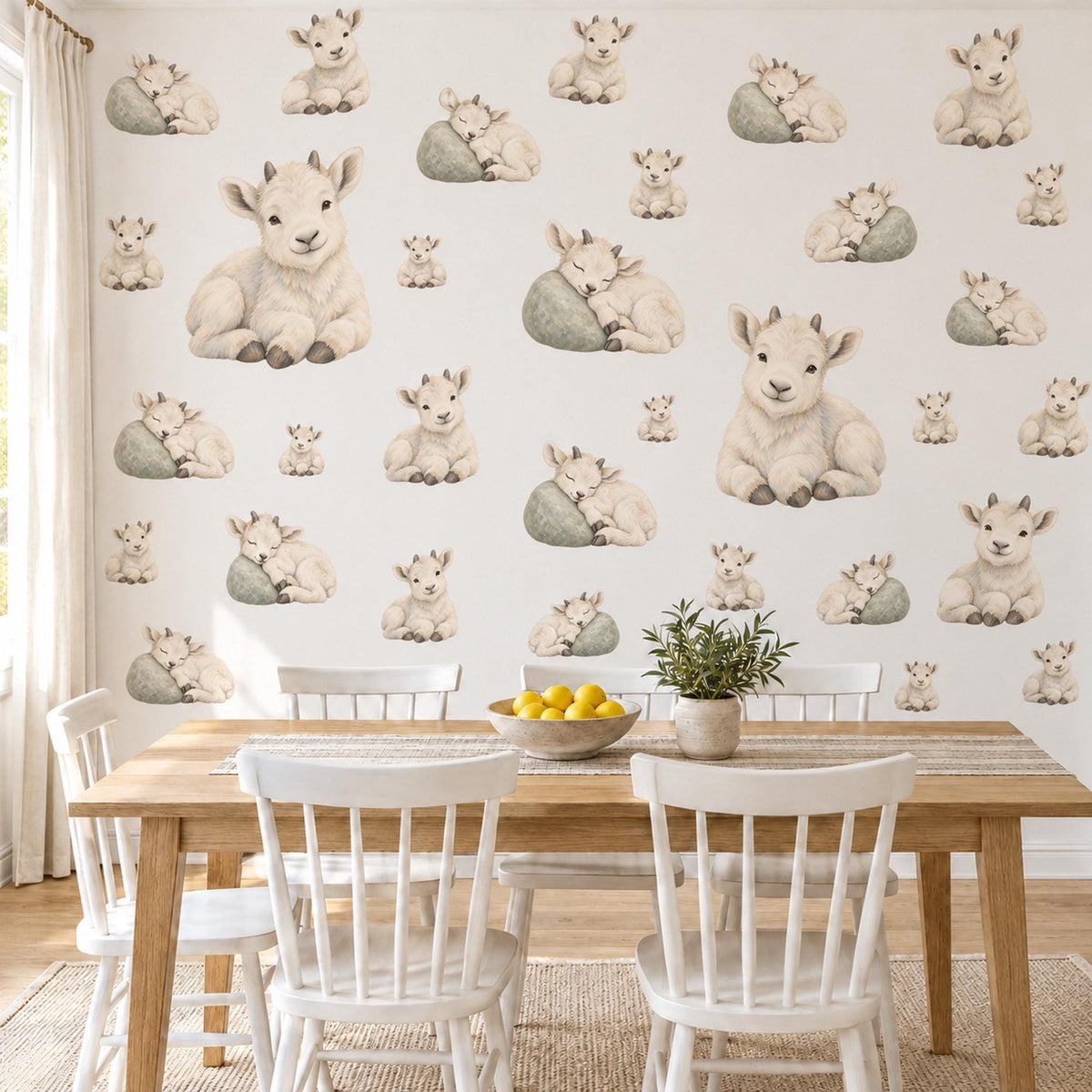 Goat Wall Stickers, Baby Mountain Goat Nursery Decor, Cute Farm Animal Wall Decals, Cream Sage Neutral Kids Room Peel and Stick Wall Art